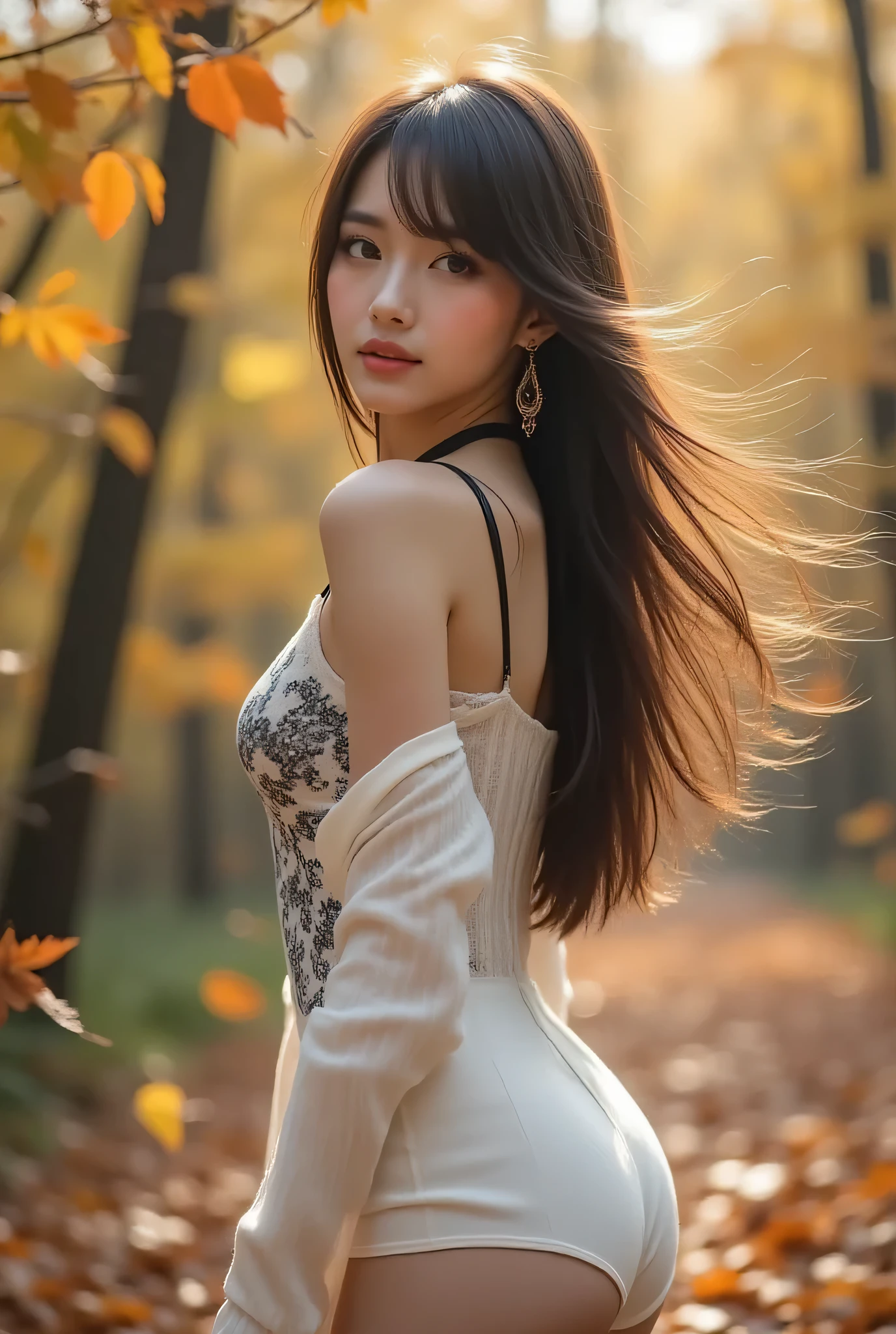 CNS Dress、dress、Pantyhose、high heels、((cowboy shot)), ((shoulder out)), ((Short Hemline、sexy long legs)), exposed shoulder、Fine fingers、High quality skin、cloud、wind、 flowing hair のOne person。 flowing hair , (Highest Image Quality,4k,8k,Hi-Res,masterpieces from above:1.2),Super detailed, (real,photorealistic,photorealistic:1.37),studio lighting、Brilliant Colors、long hairが軽くなびき、photorealisticなスタイルで、Beautiful Woman、One person、long hair、viewers、Smile、blue eyes、hair ornaments、soft lights、Rimlight、bright detail、short bob hair、dark haired、nature。natureな色合いの大きな唇、(perfect body)、beautiful legs、break) (auto customized hairstyle model {x} sleeveless white and black monotone shoulder sweater combined with white micro dress:1.4)、(body line:1.2)、((Bare Shoulders、Thin wrists、bare thighs):1。3)、((Black Choker Necklace):1。(Black Choker Necklace)、(wool:1.2)、break(Heeled Sandals:1.2)、(earrings from behind:1.3)、(Bangles:1.2)、小さなSmile、20 year old girl、cute type 、maha's rya(Very Beautiful Young Teenage Girl) beauty like an idol )、Tampyran Full Body、Sexy Fall Costume、straight medium dark hair、Photorealistic、Suasana Musim Guggul、 Fall Foliage Tree with Falling Leaves々There is a garden with、Effects of Autumn Leaves Falling All Around、Black Choker Necklace。
