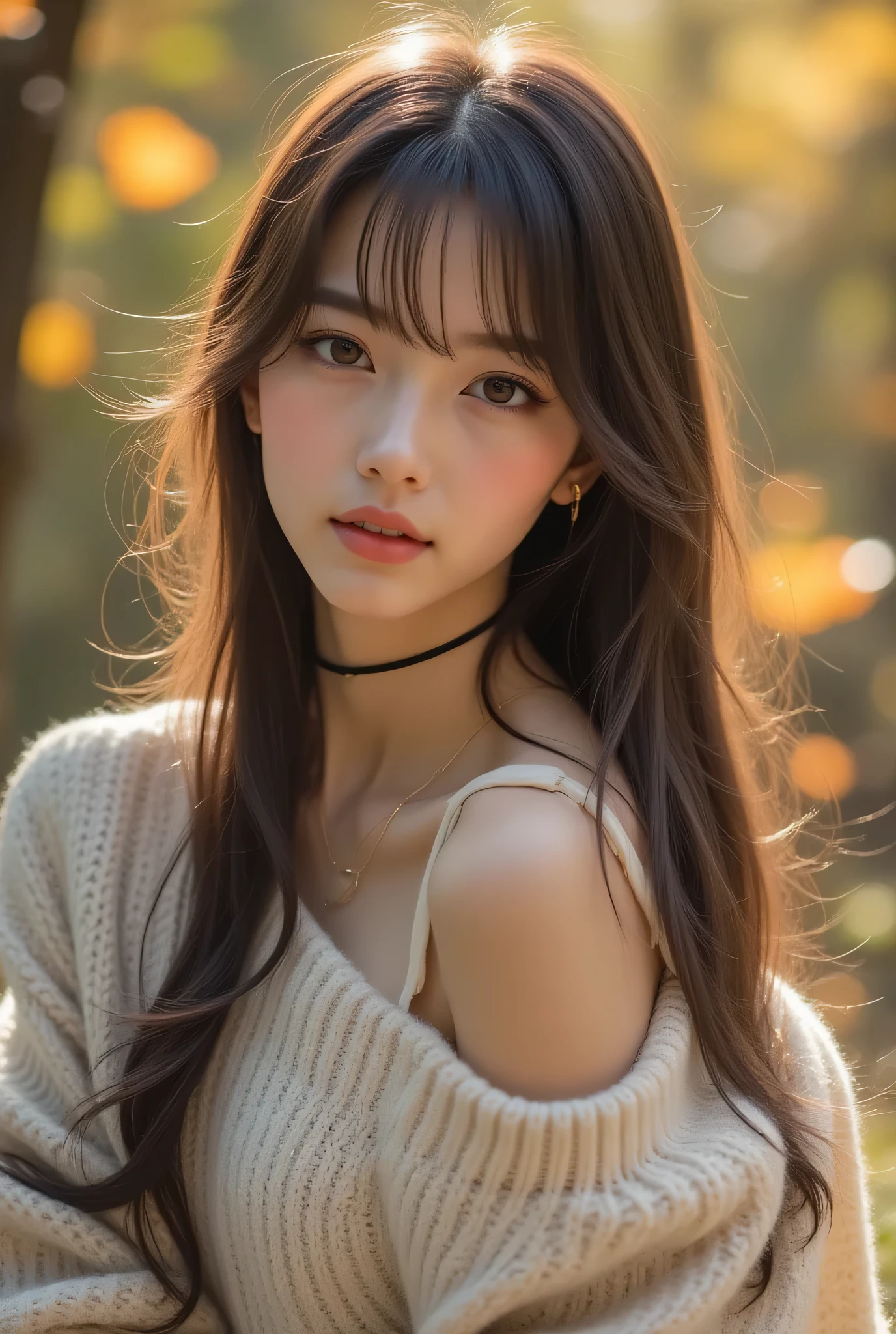 CNS Dress、dress、Pantyhose、high heels、((cowboy shot)), ((shoulder out)), ((Short Hemline、sexy long legs)), exposed shoulder、Fine fingers、High quality skin、cloud、wind、 flowing hair のOne person。 flowing hair , (Highest Image Quality,4k,8k,Hi-Res,masterpieces from above:1.2),Super detailed, (real,photorealistic,photorealistic:1.37),studio lighting、Brilliant Colors、long hairが軽くなびき、photorealisticなスタイルで、Beautiful Woman、One person、long hair、viewers、Smile、blue eyes、hair ornaments、soft lights、Rimlight、bright detail、short bob hair、dark haired、nature。natureな色合いの大きな唇、(perfect body)、beautiful legs、break) (auto customized hairstyle model {x} sleeveless white and black monotone shoulder sweater combined with white micro dress:1.4)、(body line:1.2)、((Bare Shoulders、Thin wrists、bare thighs):1。3)、((Black Choker Necklace):1。(Black Choker Necklace)、(wool:1.2)、break(Heeled Sandals:1.2)、(earrings from behind:1.3)、(Bangles:1.2)、小さなSmile、20 year old girl、cute type 、maha's rya(Very Beautiful Young Teenage Girl) beauty like an idol )、Tampyran Full Body、Sexy Fall Costume、straight medium dark hair、Photorealistic、Suasana Musim Guggul、 Fall Foliage Tree with Falling Leaves々There is a garden with、Effects of Autumn Leaves Falling All Around、Black Choker Necklace。