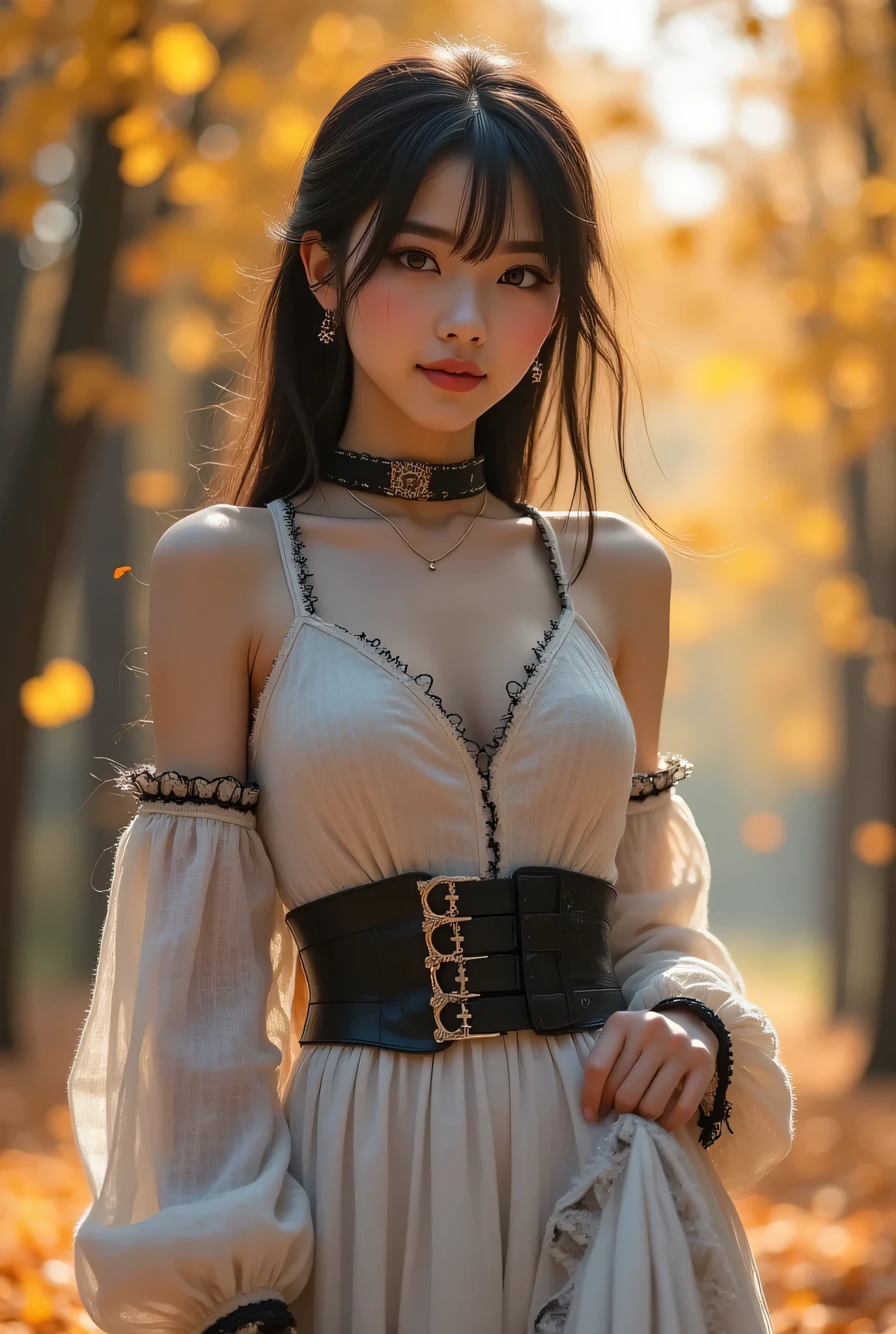 CNS Dress、dress、Pantyhose、high heels、((cowboy shot)), ((shoulder out)), ((Short Hemline、sexy long legs)), exposed shoulder、Fine fingers、High quality skin、cloud、wind、 flowing hair のOne person。 flowing hair , (Highest Image Quality,4k,8k,Hi-Res,masterpieces from above:1.2),Super detailed, (real,photorealistic,photorealistic:1.37),studio lighting、Brilliant Colors、long hairが軽くなびき、photorealisticなスタイルで、Beautiful Woman、One person、long hair、viewers、Smile、blue eyes、hair ornaments、soft lights、Rimlight、bright detail、short bob hair、dark haired、nature。natureな色合いの大きな唇、(perfect body)、beautiful legs、break) (auto customized hairstyle model {x} sleeveless white and black monotone shoulder sweater combined with white micro dress:1.4)、(body line:1.2)、((Bare Shoulders、Thin wrists、bare thighs):1。3)、((Black Choker Necklace):1。(Black Choker Necklace)、(wool:1.2)、break(Heeled Sandals:1.2)、(earrings from behind:1.3)、(Bangles:1.2)、小さなSmile、20 year old girl、cute type 、maha's rya(Very Beautiful Young Teenage Girl) beauty like an idol )、Tampyran Full Body、Sexy Fall Costume、straight medium dark hair、Photorealistic、Suasana Musim Guggul、 Fall Foliage Tree with Falling Leaves々There is a garden with、Effects of Autumn Leaves Falling All Around、Black Choker Necklace。