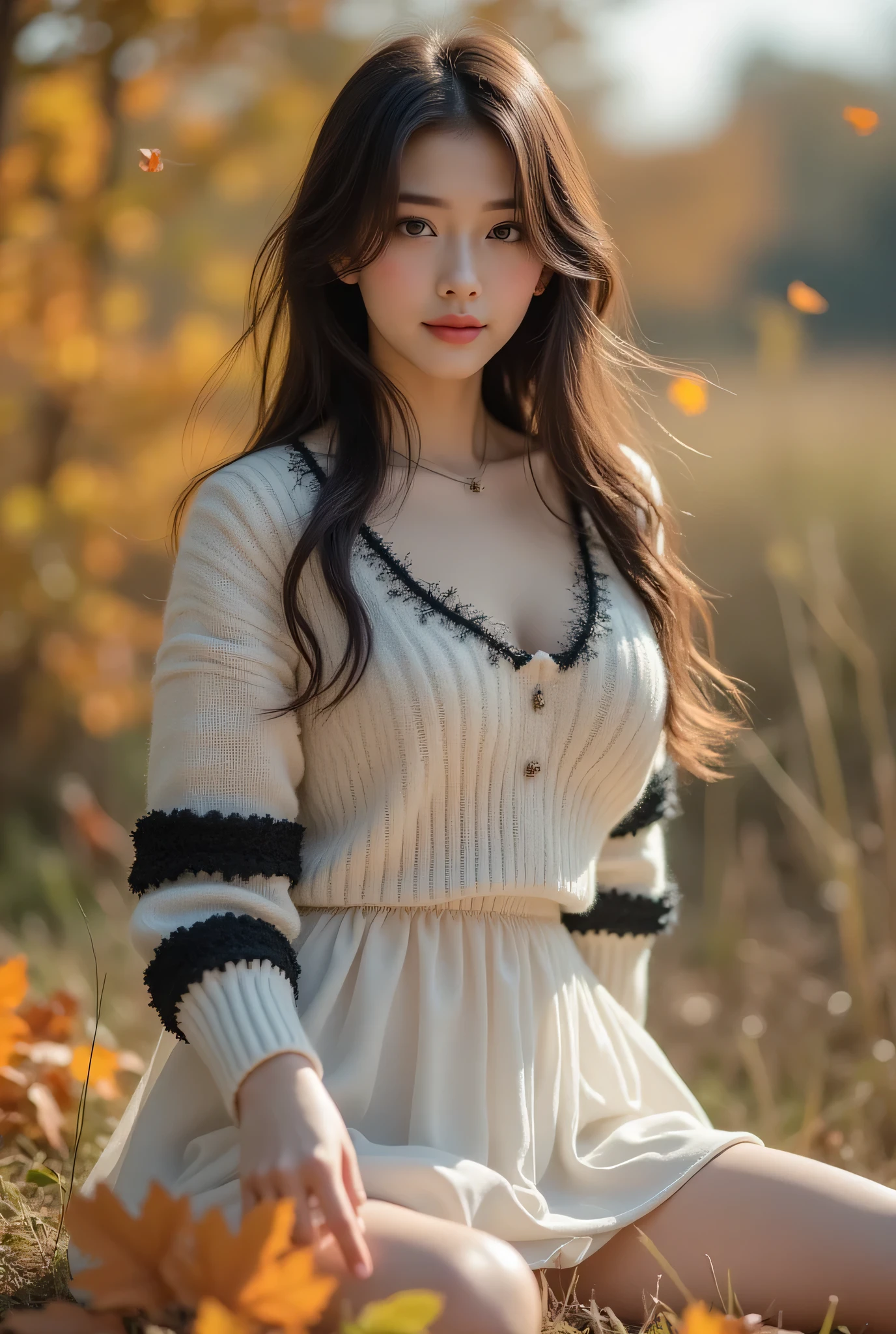CNS Dress、dress、Pantyhose、high heels、((cowboy shot)), ((shoulder out)), ((Short Hemline、sexy long legs)), exposed shoulder、Fine fingers、High quality skin、cloud、wind、 flowing hair のOne person。 flowing hair , (Highest Image Quality,4k,8k,Hi-Res,masterpieces from above:1.2),Super detailed, (real,photorealistic,photorealistic:1.37),studio lighting、Brilliant Colors、long hairが軽くなびき、photorealisticなスタイルで、Beautiful Woman、One person、long hair、viewers、Smile、blue eyes、hair ornaments、soft lights、Rimlight、bright detail、short bob hair、dark haired、nature。natureな色合いの大きな唇、(perfect body)、beautiful legs、break) (auto customized hairstyle model {x} sleeveless white and black monotone shoulder sweater combined with white micro dress:1.4)、(body line:1.2)、((Bare Shoulders、Thin wrists、bare thighs):1。3)、((Black Choker Necklace):1。(Black Choker Necklace)、(wool:1.2)、break(Heeled Sandals:1.2)、(earrings from behind:1.3)、(Bangles:1.2)、小さなSmile、20 year old girl、cute type 、maha's rya(Very Beautiful Young Teenage Girl) beauty like an idol )、Tampyran Full Body、Sexy Fall Costume、straight medium dark hair、Photorealistic、Suasana Musim Guggul、 Fall Foliage Tree with Falling Leaves々There is a garden with、Effects of Autumn Leaves Falling All Around、Black Choker Necklace。
