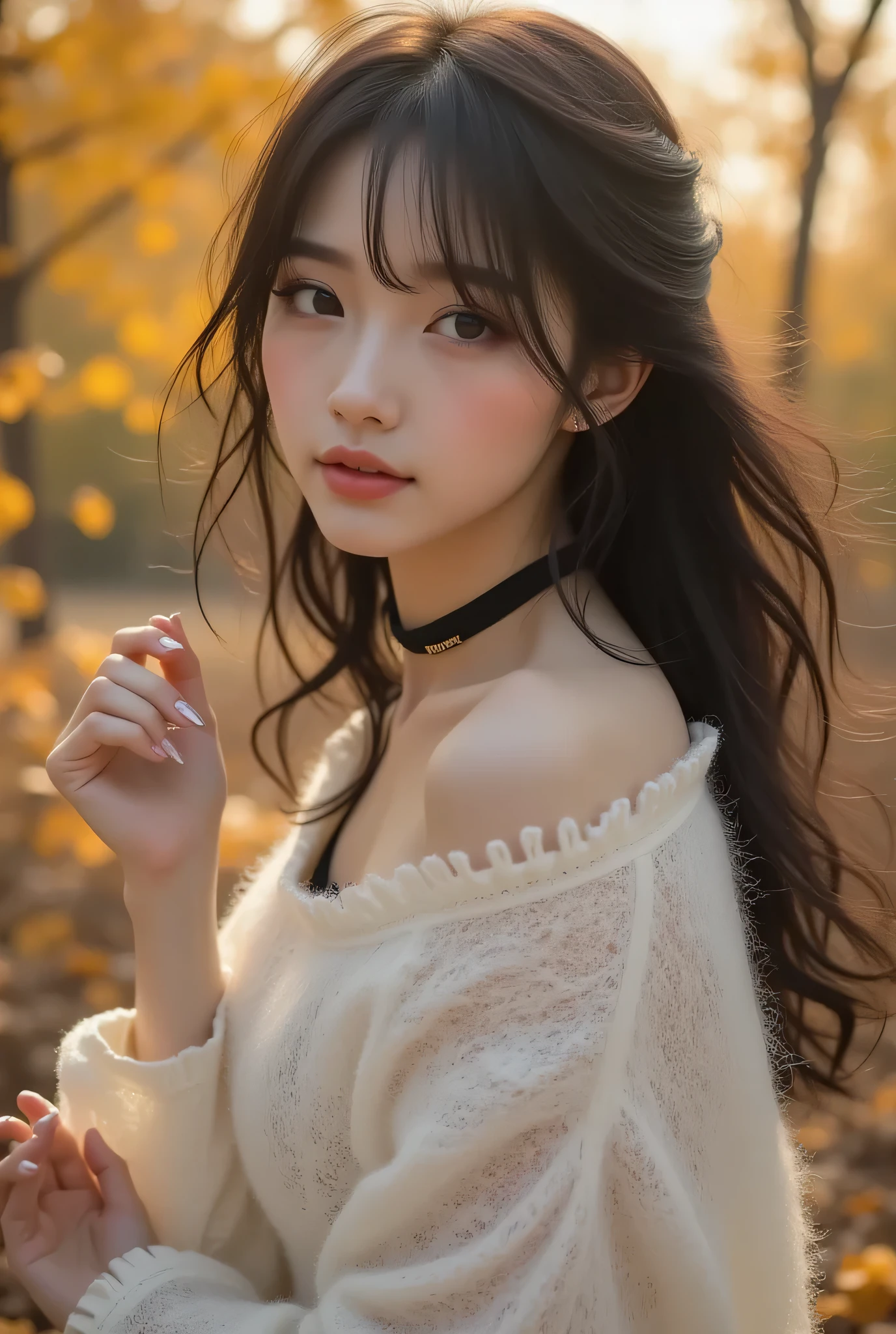 CNS Dress、dress、Pantyhose、high heels、((cowboy shot)), ((shoulder out)), ((Short Hemline、sexy long legs)), exposed shoulder、Fine fingers、High quality skin、cloud、wind、 flowing hair のOne person。 flowing hair , (Highest Image Quality,4k,8k,Hi-Res,masterpieces from above:1.2),Super detailed, (real,photorealistic,photorealistic:1.37),studio lighting、Brilliant Colors、long hairが軽くなびき、photorealisticなスタイルで、Beautiful Woman、One person、long hair、viewers、Smile、blue eyes、hair ornaments、soft lights、Rimlight、bright detail、short bob hair、dark haired、nature。natureな色合いの大きな唇、(perfect body)、beautiful legs、break) (auto customized hairstyle model {x} sleeveless white and black monotone shoulder sweater combined with white micro dress:1.4)、(body line:1.2)、((Bare Shoulders、Thin wrists、bare thighs):1。3)、((Black Choker Necklace):1。(Black Choker Necklace)、(wool:1.2)、break(Heeled Sandals:1.2)、(earrings from behind:1.3)、(Bangles:1.2)、小さなSmile、20 year old girl、cute type 、maha's rya(Very Beautiful Young Teenage Girl) beauty like an idol )、Tampyran Full Body、Sexy Fall Costume、straight medium dark hair、Photorealistic、Suasana Musim Guggul、 Fall Foliage Tree with Falling Leaves々There is a garden with、Effects of Autumn Leaves Falling All Around、Black Choker Necklace。