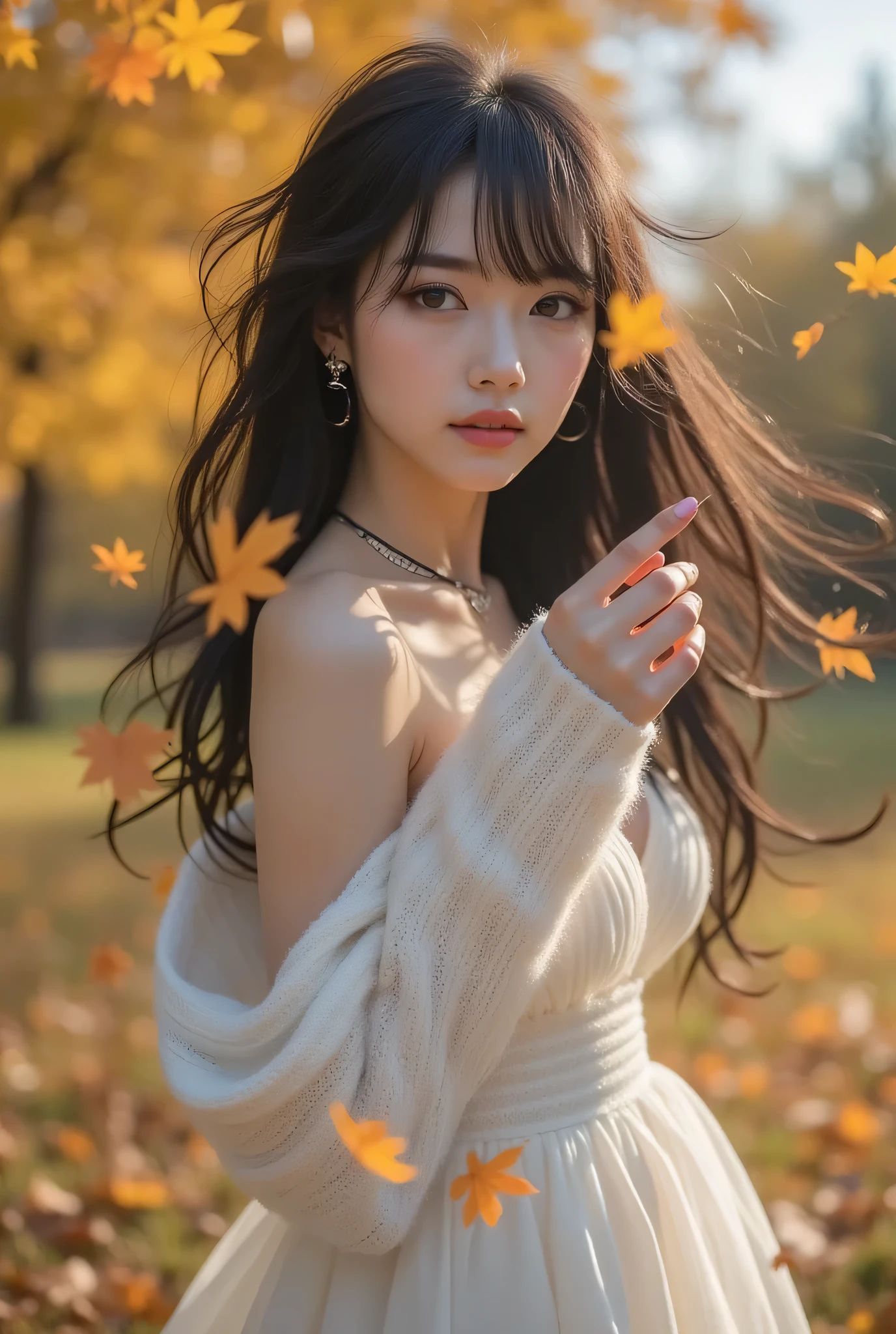 CNS Dress、dress、Pantyhose、high heels、((cowboy shot)), ((shoulder out)), ((Short Hemline、sexy long legs)), exposed shoulder、Fine fingers、High quality skin、cloud、wind、 flowing hair のOne person。 flowing hair , (Highest Image Quality,4k,8k,Hi-Res,masterpieces from above:1.2),Super detailed, (real,photorealistic,photorealistic:1.37),studio lighting、Brilliant Colors、long hairが軽くなびき、photorealisticなスタイルで、Beautiful Woman、One person、long hair、viewers、Smile、blue eyes、hair ornaments、soft lights、Rimlight、bright detail、short bob hair、dark haired、nature。natureな色合いの大きな唇、(perfect body)、beautiful legs、break) (auto customized hairstyle model {x} sleeveless white and black monotone shoulder sweater combined with white micro dress:1.4)、(body line:1.2)、((Bare Shoulders、Thin wrists、bare thighs):1。3)、((Black Choker Necklace):1。(Black Choker Necklace)、(wool:1.2)、break(Heeled Sandals:1.2)、(earrings from behind:1.3)、(Bangles:1.2)、小さなSmile、20 year old girl、cute type 、maha's rya(Very Beautiful Young Teenage Girl) beauty like an idol )、Tampyran Full Body、Sexy Fall Costume、straight medium dark hair、Photorealistic、Suasana Musim Guggul、 Fall Foliage Tree with Falling Leaves々There is a garden with、Effects of Autumn Leaves Falling All Around、Black Choker Necklace。