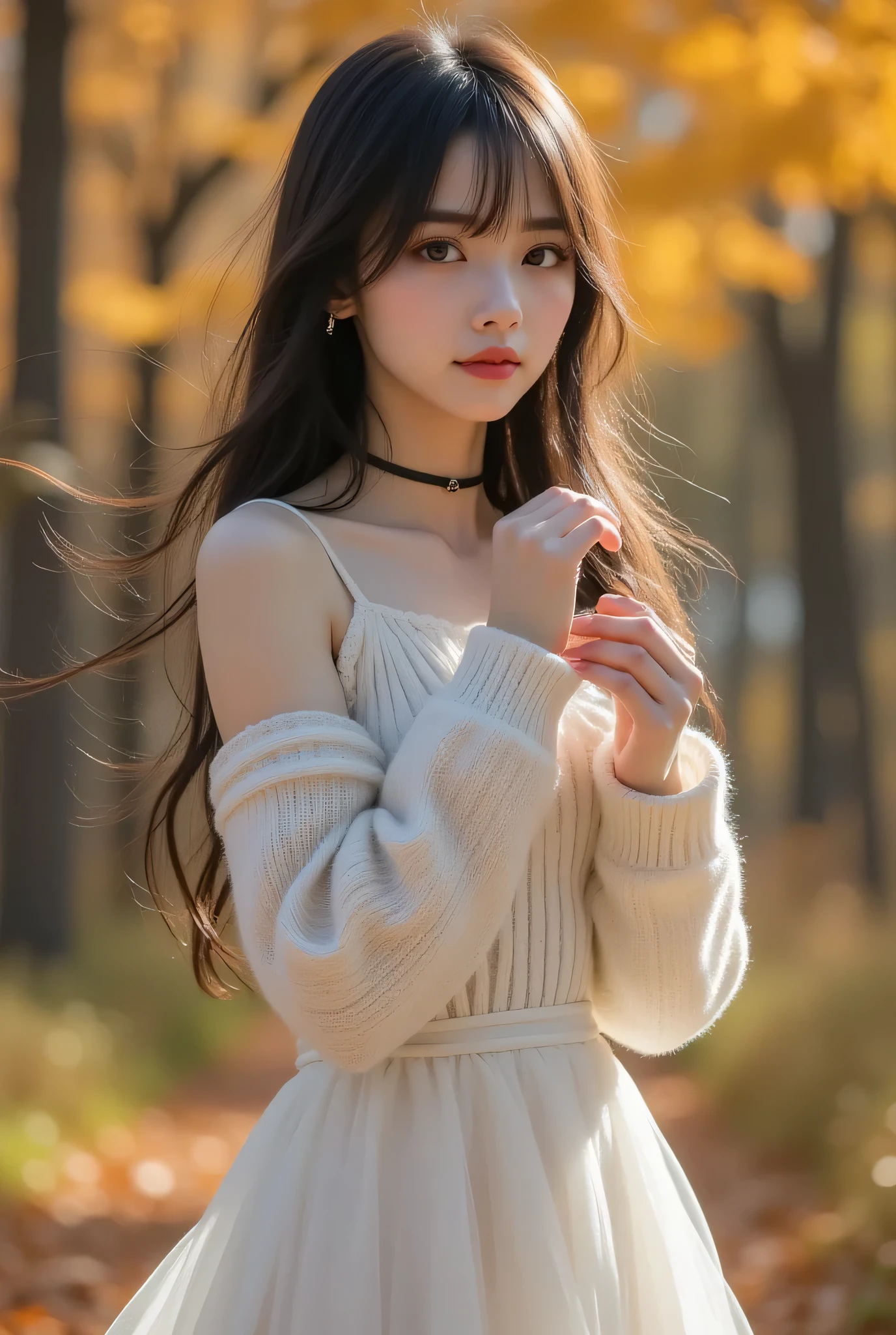 CNS Dress、dress、Pantyhose、high heels、((cowboy shot)), ((shoulder out)), ((Short Hemline、sexy long legs)), exposed shoulder、Fine fingers、High quality skin、cloud、wind、 flowing hair のOne person。 flowing hair , (Highest Image Quality,4k,8k,Hi-Res,masterpieces from above:1.2),Super detailed, (real,photorealistic,photorealistic:1.37),studio lighting、Brilliant Colors、long hairが軽くなびき、photorealisticなスタイルで、Beautiful Woman、One person、long hair、viewers、Smile、blue eyes、hair ornaments、soft lights、Rimlight、bright detail、short bob hair、dark haired、nature。natureな色合いの大きな唇、(perfect body)、beautiful legs、break) (auto customized hairstyle model {x} sleeveless white and black monotone shoulder sweater combined with white micro dress:1.4)、(body line:1.2)、((Bare Shoulders、Thin wrists、bare thighs):1。3)、((Black Choker Necklace):1。(Black Choker Necklace)、(wool:1.2)、break(Heeled Sandals:1.2)、(earrings from behind:1.3)、(Bangles:1.2)、小さなSmile、20 year old girl、cute type 、maha's rya(Very Beautiful Young Teenage Girl) beauty like an idol )、Tampyran Full Body、Sexy Fall Costume、straight medium dark hair、Photorealistic、Suasana Musim Guggul、 Fall Foliage Tree with Falling Leaves々There is a garden with、Effects of Autumn Leaves Falling All Around、Black Choker Necklace。