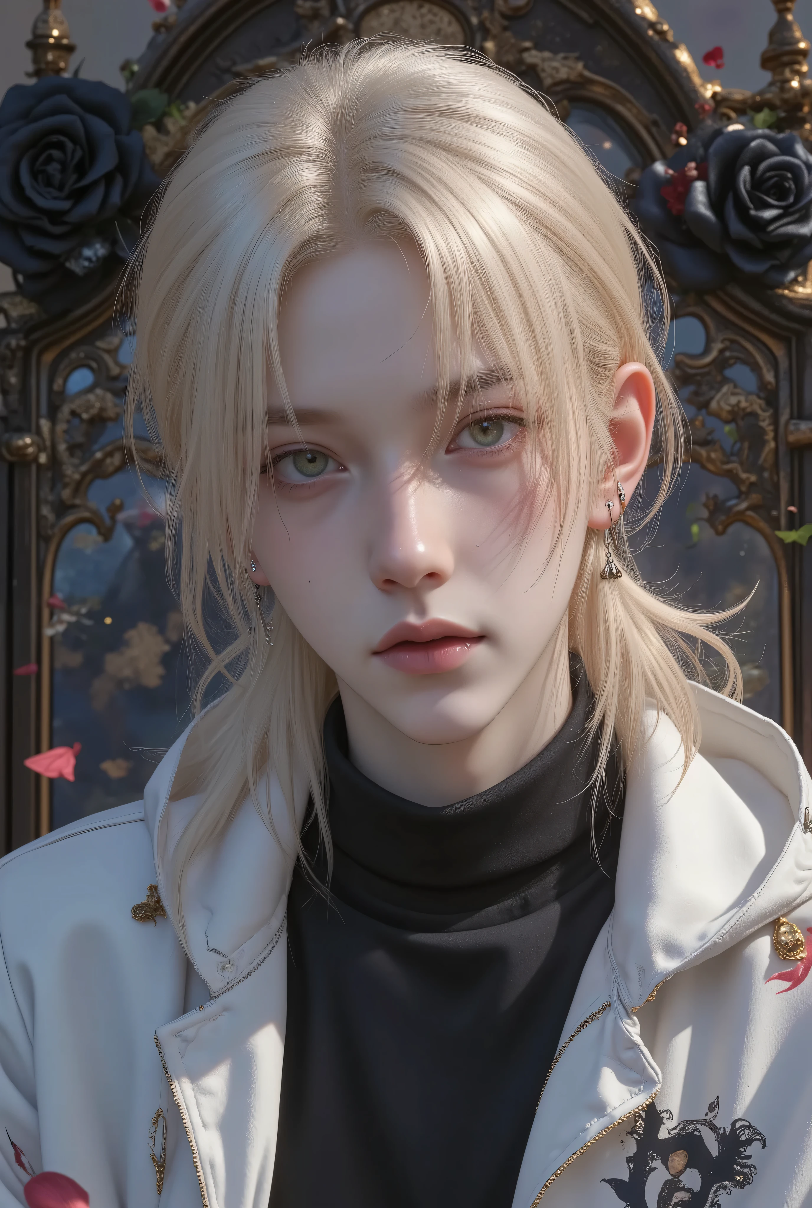 absurdres, highres, ultra detailed, HDR, masterpiece, extremely detailed face and eyes, perfect face, Hollowfication Of Uzumaki_Naruto's, Long Blonde hair, Tied-Back Ponytail, hair between the eyes, expressive green eyes, pale skin, Lips Piercing, Ears Piercing, Bleach, solo,  man, handsome, white Hoodie Coat, tight black shirt, patterns, Long Fangs, Black Gloves, Black roses, petals, in Las Noches Throne Of Hueco Mundo, (((Silhouette Of Ten-Tail Fox Spirit Through At Behind Him))).