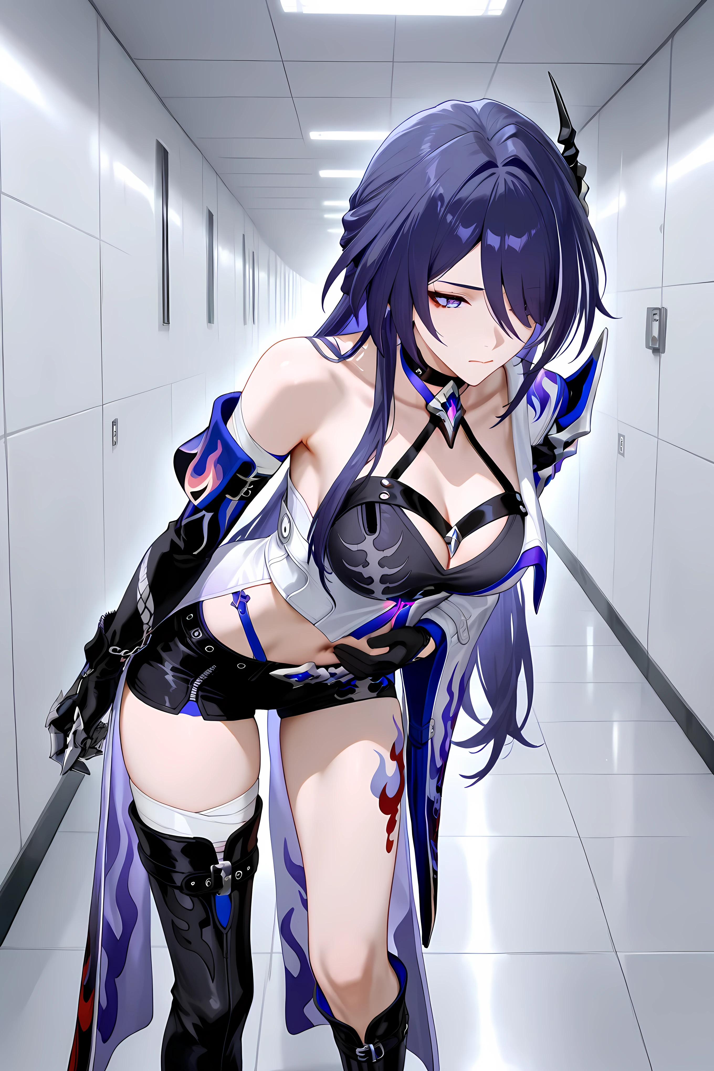acheron \(honkai: star rail\) long hair, short shorts, leg tattoo, single knee boot, single thigh boot, midriff, black gloves, hair ornament, choker, long coat, single sleeve, single gauntlet, uneven legwear,

Solo, general, masterpiece, highres, ultra-detailed, hyper-detailed, best quality,  amazing quality, very aesthetic, best hands, best eyes, best hand
adult woman, 1Woman, leaning forward, hand at own stomach, hand clutching stomach,  pained face, slightly pale face, clutching stomach, proportional, hallway, large hallway, steel plate walls, steel plate floor, gray steel plate, doorless, windowless,