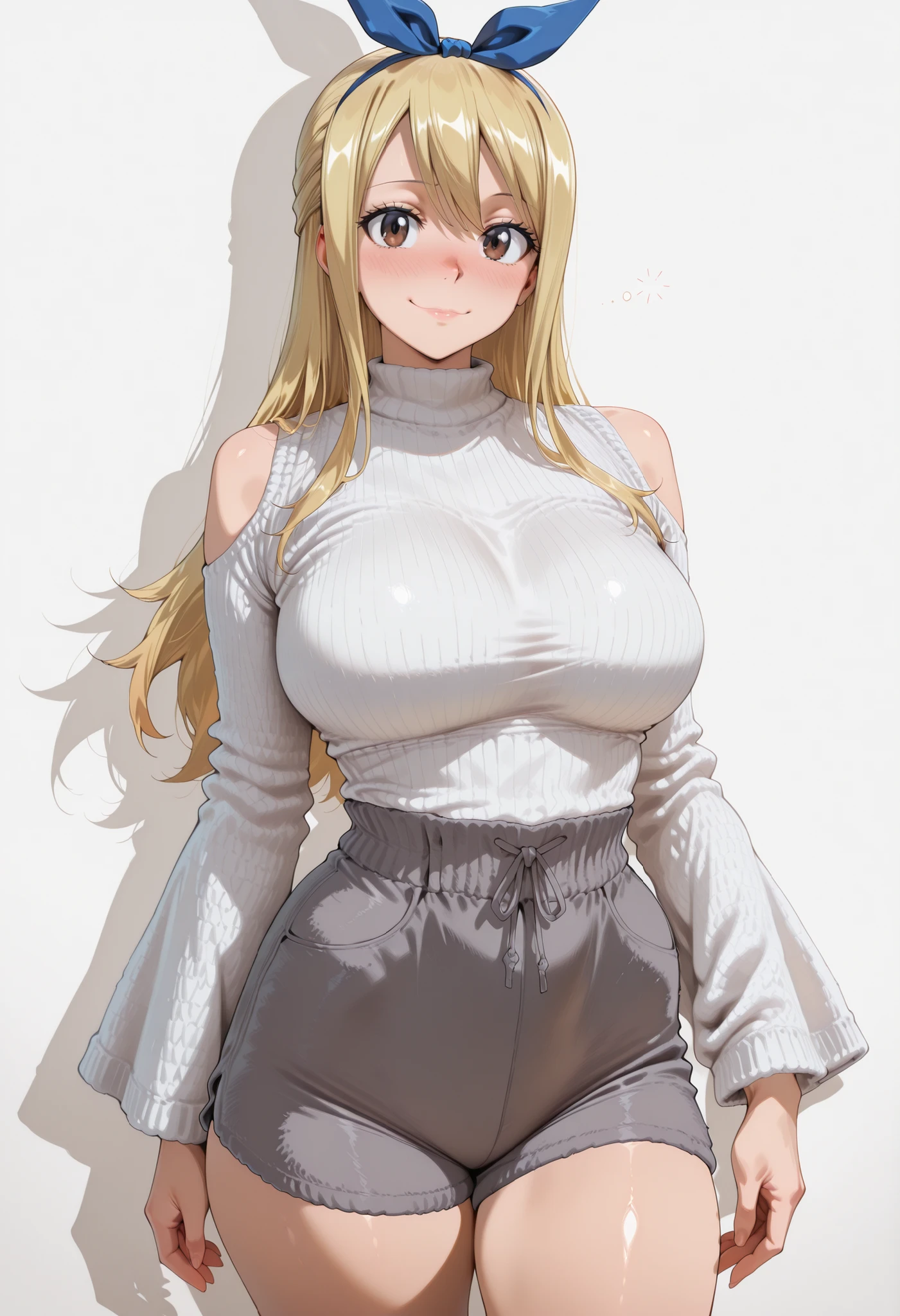 score_9, score_8_up, score_7_up, source_anime, lucy heartfilia, long hair, blonde hair, large breasts, brown eyes,,, blue hair ribbon,, blush, drunk,, , looking at viewer,, , solo,, large breasts, big ass, thick thigs, wide hips, slim waist, mature body, nose blush,, looking at viewer, nice legs, legs, standing, solo, female, shiny skin, shiny hair, shiny body, clear body,,, cowboy shot ,,,, ,,,, , looking at viewer, NOSE BLUSH,,wide hips, slim waist,,, shiny skin, shiny hair, shiny body, clear body, , solo, STANDING, POSING, thick thighs, thighs, solo, standing, POSING,, perfect eyes, white background, empty background, distinc shadows, solo, large breasts, thick thigh, dynamic pose,,,, LOOKING AT VIEWER, WHITE BACKGROUND, EMPTY BACKGROUND, soft smile,, DYNAMIC POSE,, big ass,,, large breasts, LOOKING AT VIEWER, WHITE BACKGROUND, EMPTY BACKGROUND, soft smile,, DYNAMIC POSE, white sweater, grey shorts, shoulder cutouts,white sweater, grey shorts, shoulder cutouts,