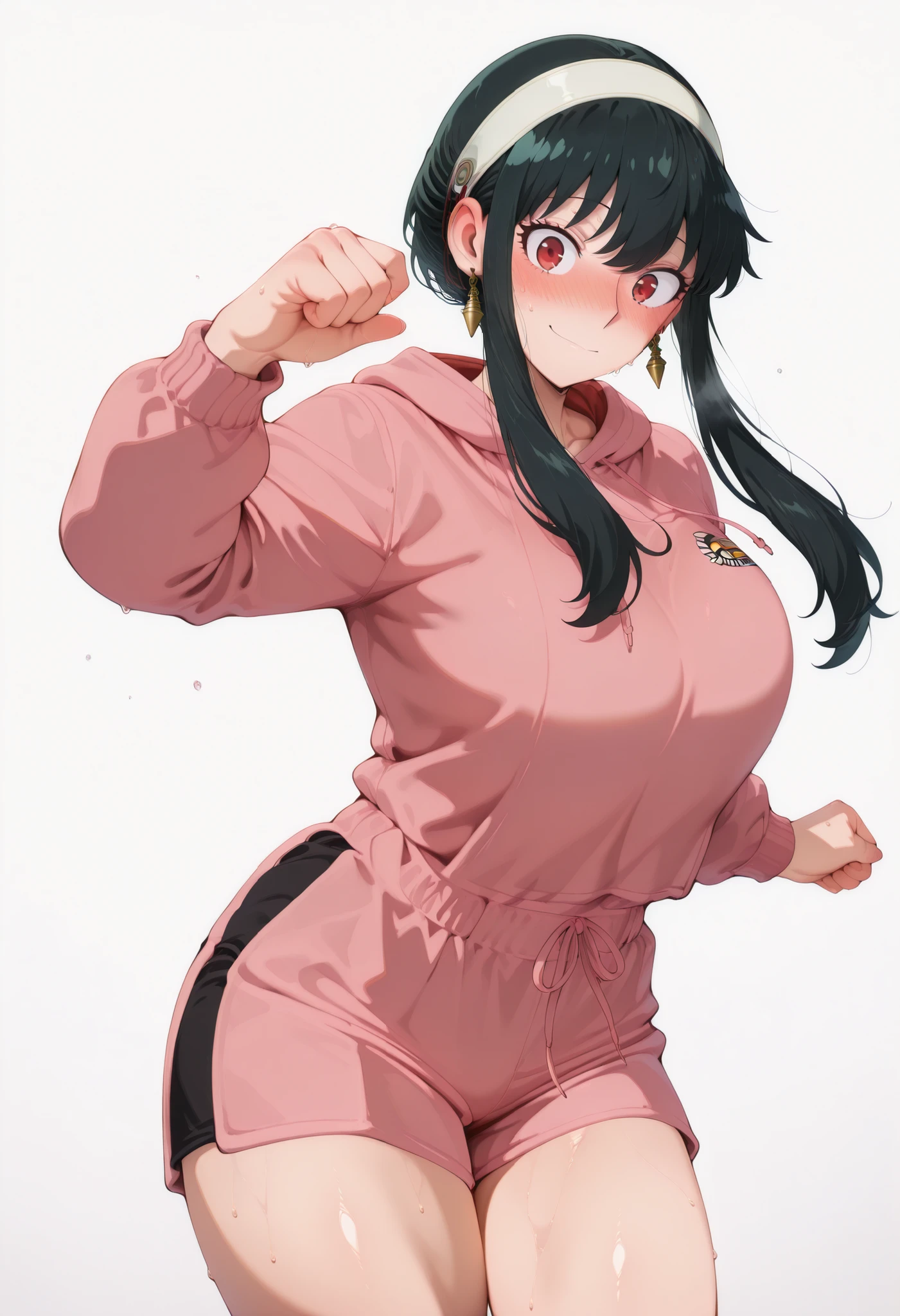 score_9, score_8_up, score_7_up, score_6_up, score_5_up, score_4_up, masterpiece, high quality, yor briar, black hair, red eyes, earrings, white hairband, hairband, long hair, sidelocks, large breasts, shiny skin, shiny hair, shiny body, clear body, large breasts, nose blush, sweat, sweaty, sweaty:1.3,, standing, nice legs,, looking at viewer, thick thigh, thick thighs, nice face, solo, opaque clothes, cowboy shot, nice legs, DYNAMIC POse, , solo, large breasts, thick thigh, dynamic pose, ,,,, LOOKING AT VIEWER, WHITE BACKGROUND, EMPTY BACKGROUND, soft smile,, DYNAMIC POSE, hoodie, shorts