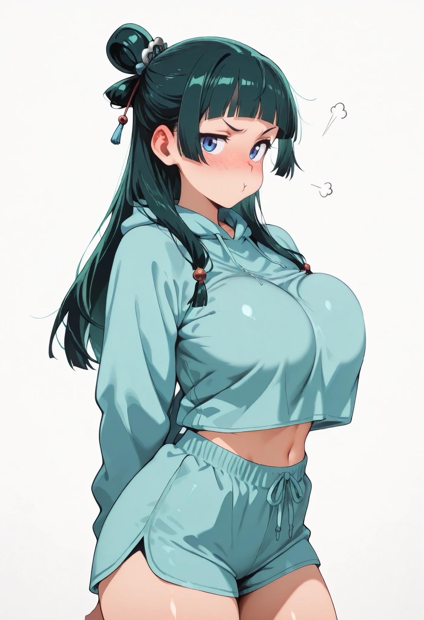 score_9, score_8_up, score_7_up, score_6_up, score_5_up, score_4_up, masterpiece, high quality, BREAK, 1girl, navel, midriff, rounded breasts, thick breasts, sfw, looking at viewer, nose blush, shiny legs, shiny body, shiny hair, clear skin, clear body,, large breasts, white background, simple background, thick thigh, thick thighs, standing, nice legs, solo, maomao, long hair, bangs, blue eyes, hair ornament, green hair, blunt bangs, freckles, hair bun, single hair bun, large breasts, pouting expression,,, COWBOY SHOT , LARGER BREASTS, hands behind on her, white background, empty background, hoodie, shorts,hoodie, shorts, covered breasts