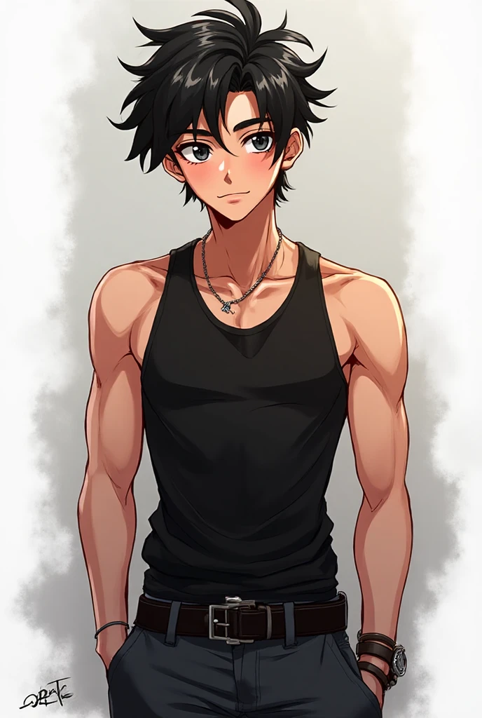 Marshall Lee Handsome 18 year old boy with black hair, brown skin, pointy ears, black eyes, gray tank top, open black jacket, black belt, blue jeans, looking directly at viewer against a white background.