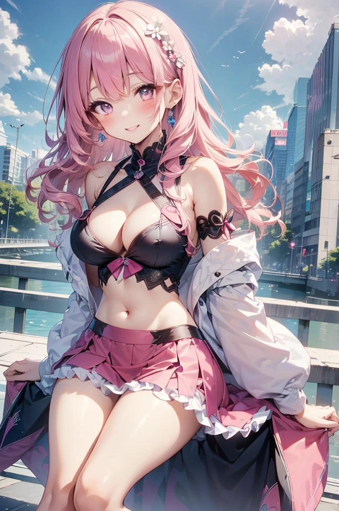 n3n33fthy, long hair, pink hair, hair over one eye, ahoge, yellow eyes, ?????????????, choker, fishnets, thighhighs, navel, detached sleeves, crop top, chain, pleated skirt, jewelry, outdoors 