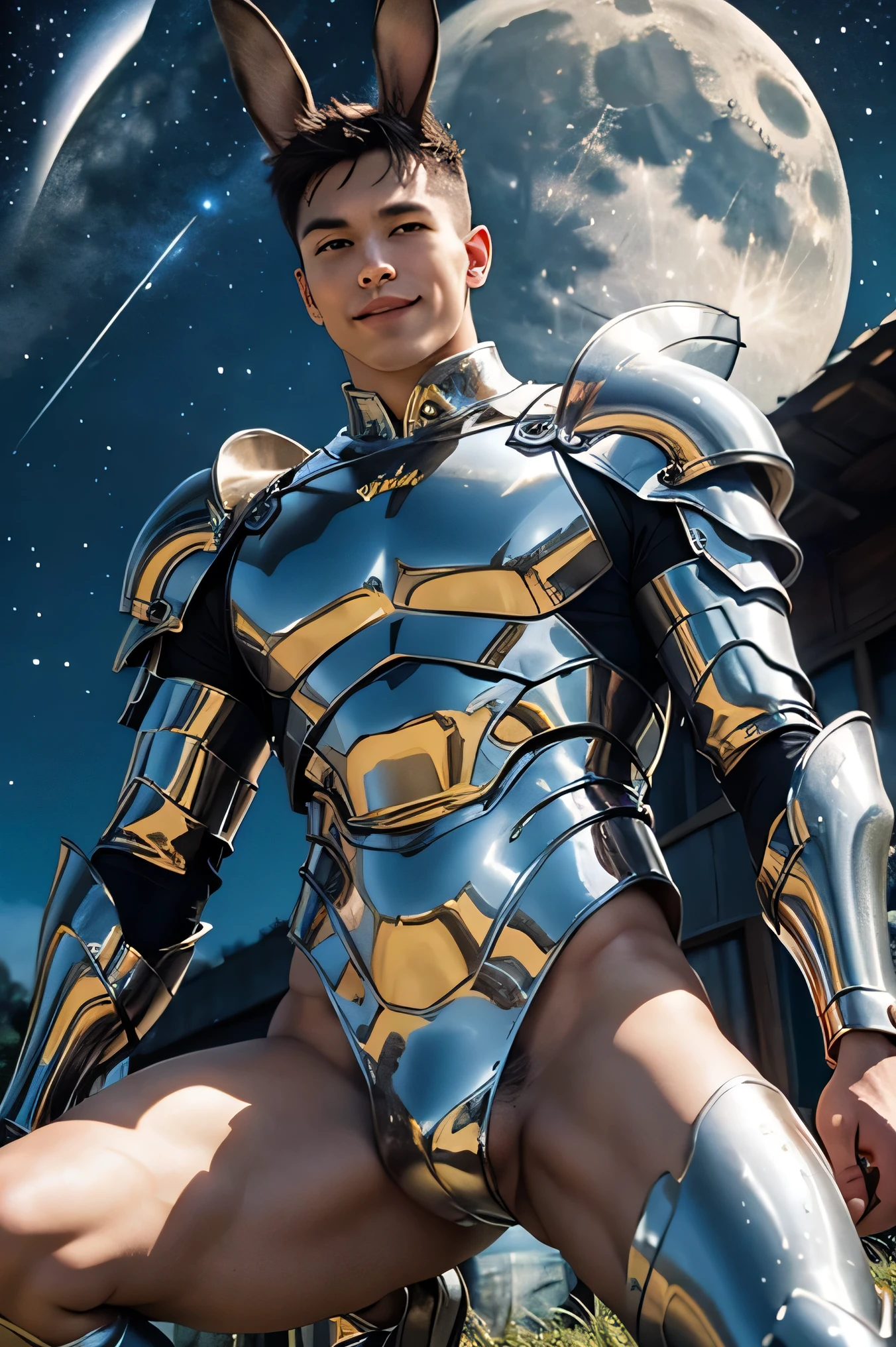 Handsome guy with rabbit ears male short hair dark haired full nude Wear Rabbit-Eared Helmets upper body armor only Smile Yan lower body nude metal brief oversized full moon and starry sky Mega Bulge Metal Briefs show off the mokkori in metal briefs Crouching pose across the screen diagonally Composition taken with a camera from below the crotch lower body nude metal briefを見てくれ