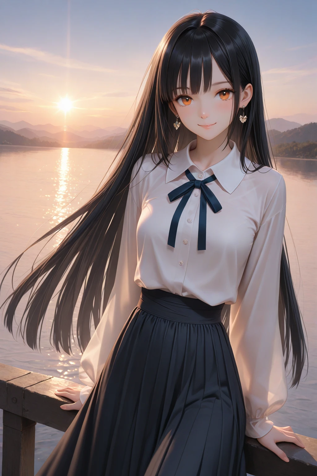 Adult Girls。cute、City of night、Looking up at the stars in the sky、Serious face、Composition from below、Tons of stars、Place your hand on your chest、Fluttering skirt