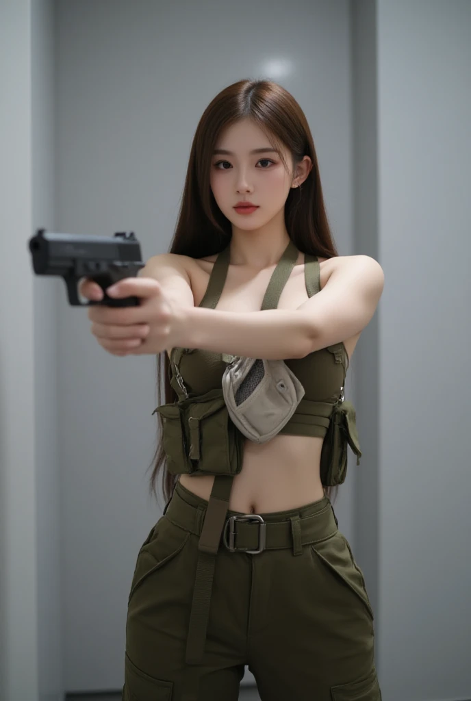 Mercenary, gun in hand, very beautiful face, shot to the hip,