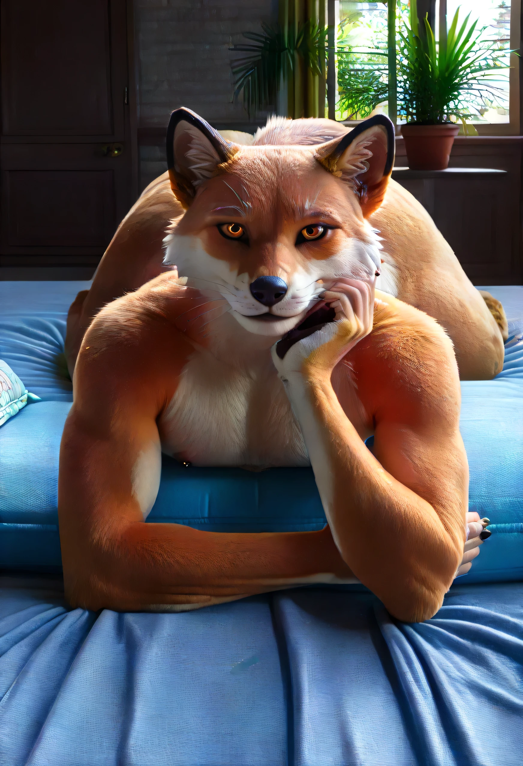 score _9, score _8_Up, score _7_Up, masterpiece, best quality, amazing quality, high quality, RAW photo, semi realistic, full body, Anatomically Correct. (furry:2), (1boy:2), (Huge Adult Male muscular bara Vulpine Fennix from Fortnite:1), (Orange and White Fur body), Fennix Fox Fur, Detail Fur, Bushy Fox tail, Sharp Black Ears with Red Inner Lining, massive hyper veiny muscle, Massive bodybuilder physique, huge bulging pectoral, huge wide bulging chest, huge broad shoulders, huge bulging abs. (Detail Glowing Orange Eyes, emission strictly limited to pupils), Black Sclera, Realistic Detail Bara Furry Vulpine Chiseled Male Fennix Fox Face, Massive muscular butt:2. Nipple Piercings, ear piercings, rings, realistic human hands, (Natural palm color:1.2), 5 fingers:1.5, realistic human feet, 5 toes:1.5, (Natural soles color:1.2), Black Claws, huge size 25 feet, 10 feet tall. In a realistic Atop the ancient stone ruins of Royal Ruin from Fortnite at dusk, solo, (facing the viewer:1.6, front view:1.6), (lying on stomach:1.5), hand on his own cheek, focus face, close up face, smug smirk. Naked, Uncensored