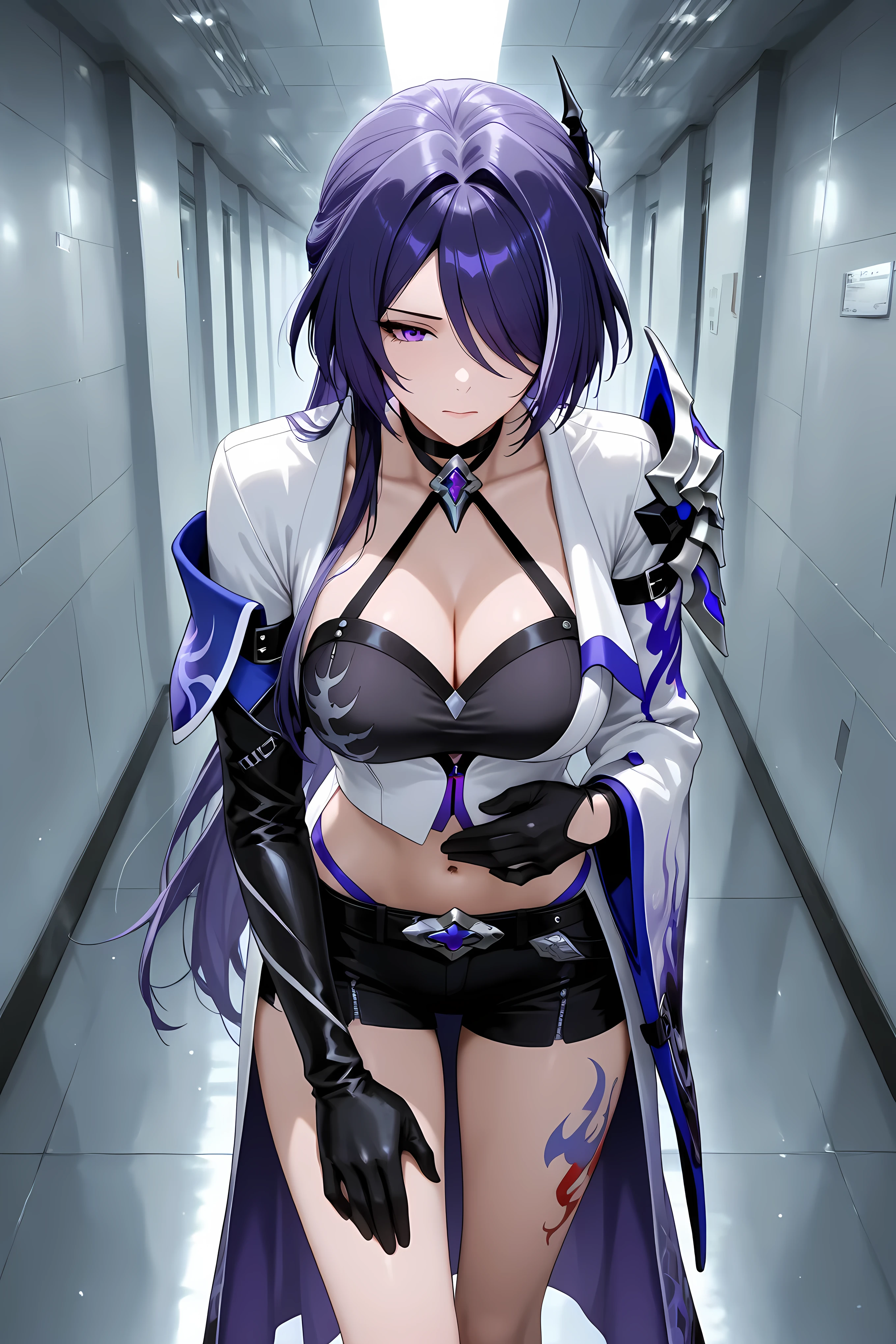 acheron, purple hair, purple eyes, streaked hair, hair intakes, hair over one eye, long hair, multicolored hair, mature female, ,gloves, lnavel, cleavage, shorts, choker, black gloves, elbow gloves, midriff,
leg tattoo, midriff, black gloves, hair ornament, choker, long coat, single sleeve, single gauntlet,
Solo, general, masterpiece, highres, ultra-detailed, hyper-detailed, best quality, amazing quality, very aesthetic, best hands, best eyes, best hand
adult woman, 1Woman, leaning forward, hand at own stomach, hand clutching stomach, pained face, slightly pale face, clutching stomach, proportional, hallway, large hallway, steel plate walls, steel plate floor, gray steel plate, doorless, windowless,