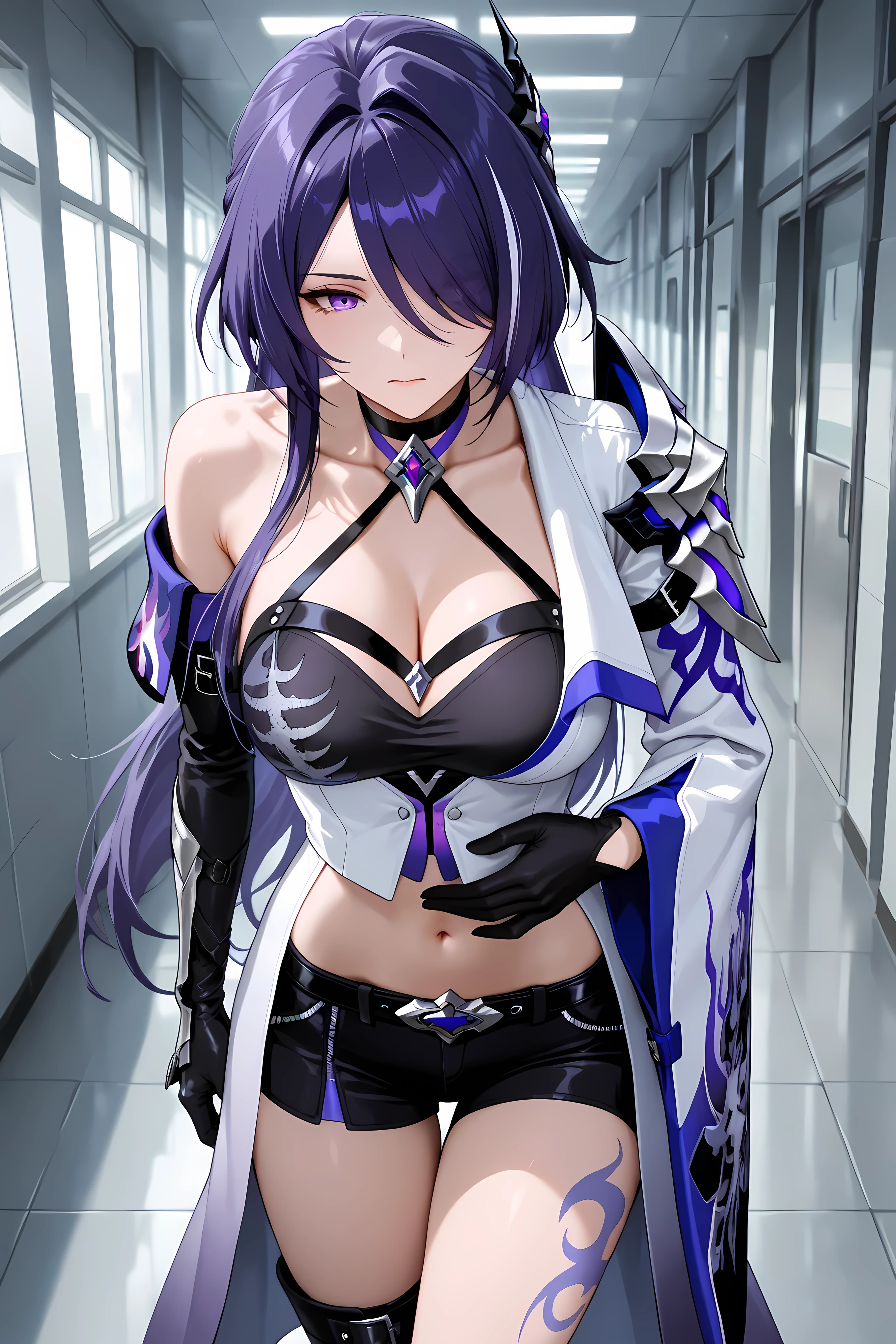 acheron, purple hair, purple eyes, streaked hair, hair intakes, hair over one eye, long hair, multicolored hair, mature female, ,gloves, lnavel, cleavage, shorts, choker, black gloves, elbow gloves, midriff,
leg tattoo, midriff, black gloves, hair ornament, choker, long coat, single sleeve, single gauntlet,
Solo, general, masterpiece, highres, ultra-detailed, hyper-detailed, best quality, amazing quality, very aesthetic, best hands, best eyes, best hand
adult woman, 1Woman, leaning forward, hand at own stomach, hand clutching stomach, pained face, slightly pale face, clutching stomach, proportional, hallway, large hallway, steel plate walls, steel plate floor, gray steel plate, doorless, windowless,
