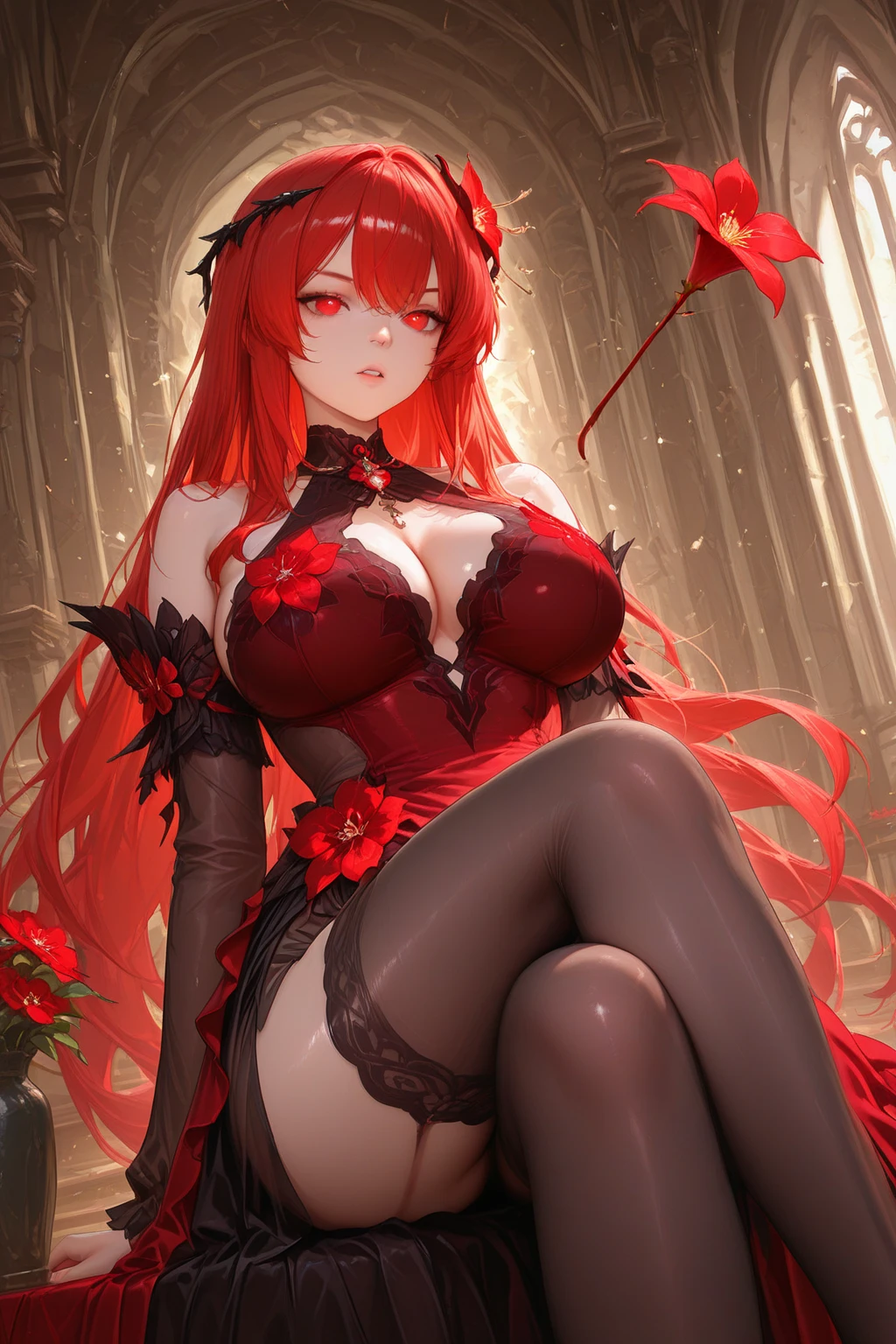 A red haired woman with red eyes with an hourglass figure is holding a white rose in a garden