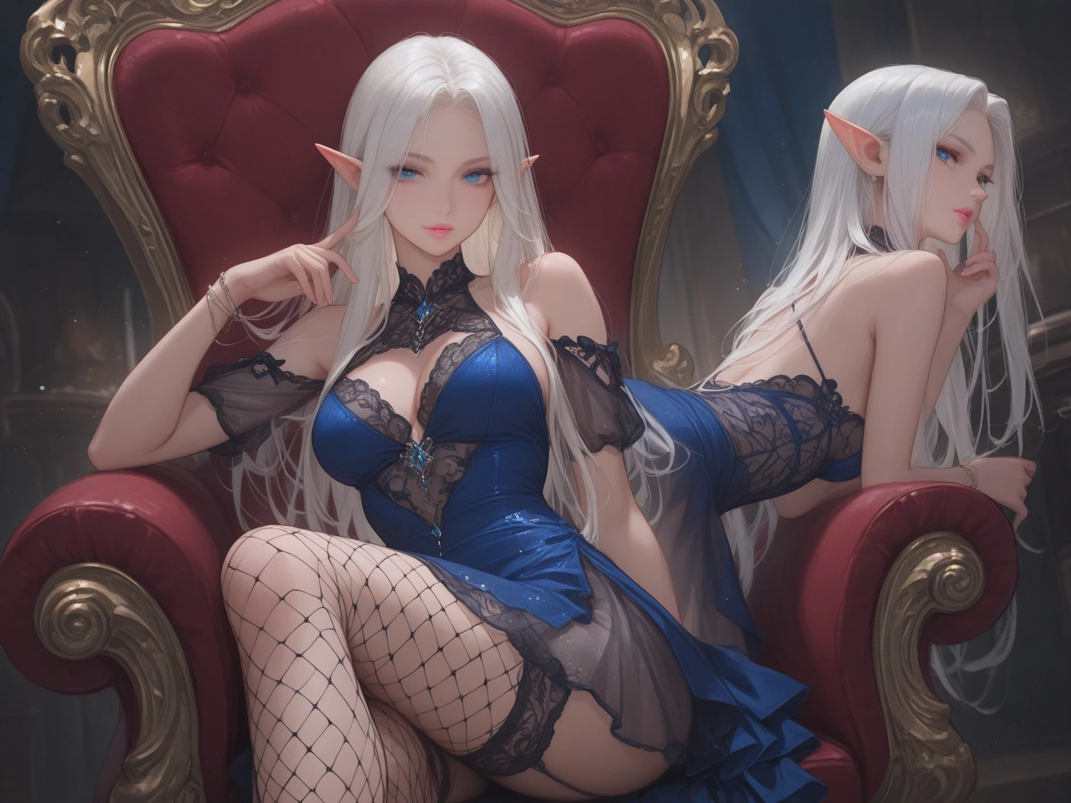 art masterpiece,full shot,full body,actress eva elfie  with very long white hair with beautiful perfect oval face with bright navi blue big eyes and fluffy long lashes with small  in the ears beautiful long earrings with sapphire sits on the bed in a beautiful interior, romantic intimate setting boudoir, intimate light, the girl's mood flirts in front of the camera smiling, the girl's physique is exquisite graceful, the girl is wearing very  lace  with intricate patterns and stockings with garters and navy blue high heels,girl in a  pose looks very  and seductive,high resolution,clear focus,32k,met-art style photo,jerry gionis photo style,boudoir style photo,32k,depth of field, boke --auto --s2