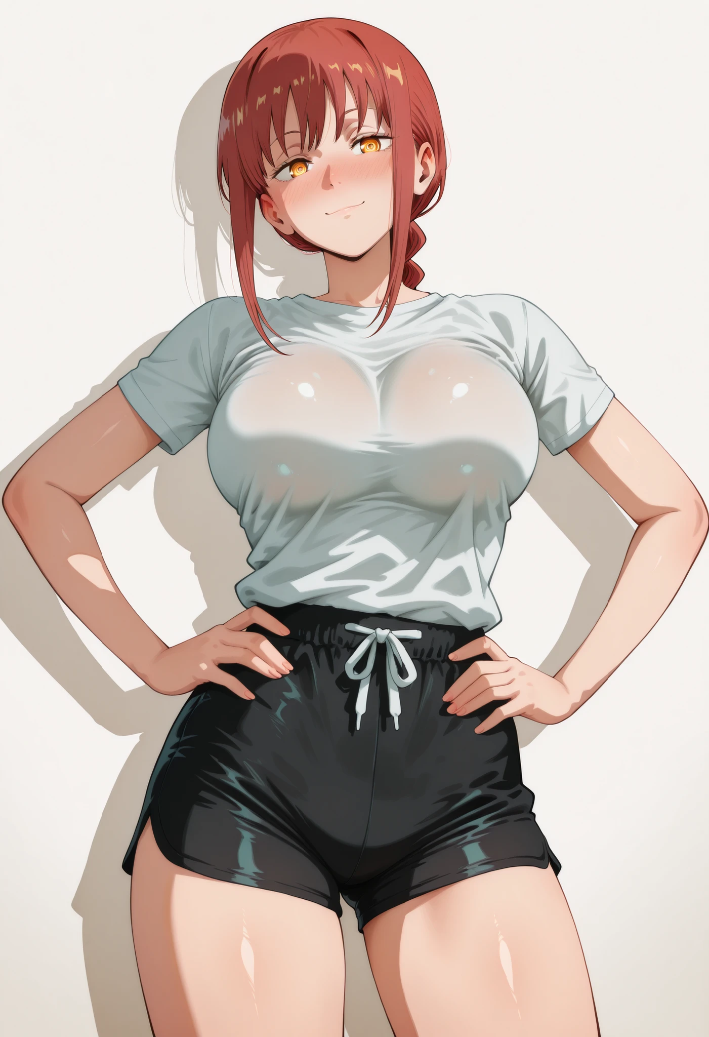 1girl, solo, makima, chainsaw man_makima, chainsawman_style, manga_style, Tatsuki fujimoto_style, red hair, long hair, braided ponytail, yellow eyes, ringed eyes, large breasts | Standing,, accentuated breasts,, smiling, closed mouth, Looking At Viewer, tilting head,,, dynamic, dynamic composition,, ,,, emotional,                          . ,COWBOY SHOT,. High-resolution anime-style illustration, clean lines, smooth shading, and rich fabric details., solo focus, looking at viewer, shiny skin, shiny hair, shiny body, clear body, nose blush, BREAST FOCUS, POSING,, DYNAMIC POSE, NICE LEGS, COWBOY SHOT, cowboy shot, NOSE BLUSH,. ,, dynamic pose,, opaque clothes,,, ., opaque clothes, LOOKING AT VİEWER, opaque clothes, POSING,, nice legs, GLOWING EYES, NICE LEGS,, POSING,                         STANDING,, hands on hips,, white background, empty background, boyshorts, boxer briefs
