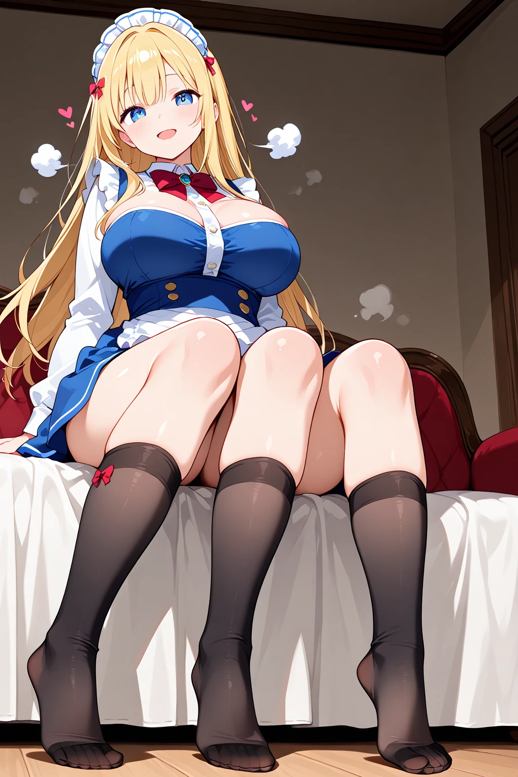 debris flies, highest quality, Highly detailed CG Unity 8K wallpaper, ???? witch , Long length hair、Dark blonde wavy hair、off shoulder knit, dark blue pleated skirt, stockings、??????????????, saggy ???????, Pose that emphasizes the ?????, blush, shy smile, ???? shoulders, (((lift up the skirt with both hands、open your ?????????、please open your knees))）、、nice magic book、church bed、lying in bed、、light blue panties、light blue bra
