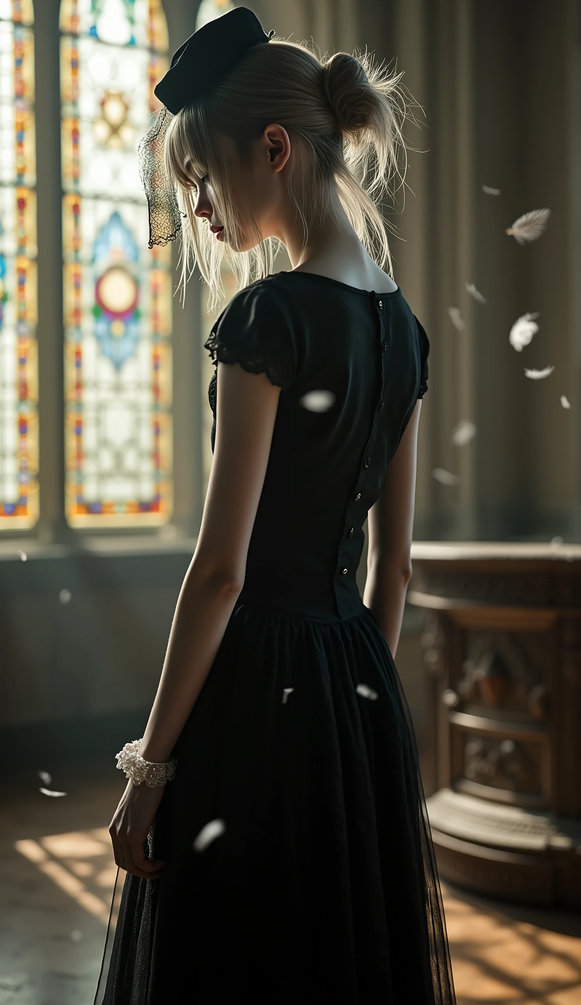 (extreme long shot, full body shot, side view, Scrawny petite delicate 13yo pale silver hair Girl in simple stylish black mourning dress, wearing a small Toque hat with a mourning veil covered her eyes, with simple black lace gloves, hair bun, In a majestic Gothic church with magnificent stained-glass windows, divine light shines through the stained-glass windows, many silver feathers fly through the air, She is looking down nostalgically with her tears in the lay of divine light, stunning light expression, signature "michelle" is subtly placed in the bottom left corner in red small calligraphy style text, hyper photorealism, Biologically correct images, innocence, neat and clean, Highest resolution, masterpiece),
(super delicate Scrawny super skinny anorexic pretty petite thin 13yo girl:16, extremely thin, skinny super small babyface as pretty petite 12yo girl:16, extremely skinny anorexic bony pretty petite body as super delicate pretty petite 12yo thin girl, big round eyes, Beautiful contours, no moles, fairy pale thin skin, very delicate and very narrow shoulders as thin 11yo pretty petite girl, super skinny 11yo girlish thin thighs, skinny 11yo girlish small ass),