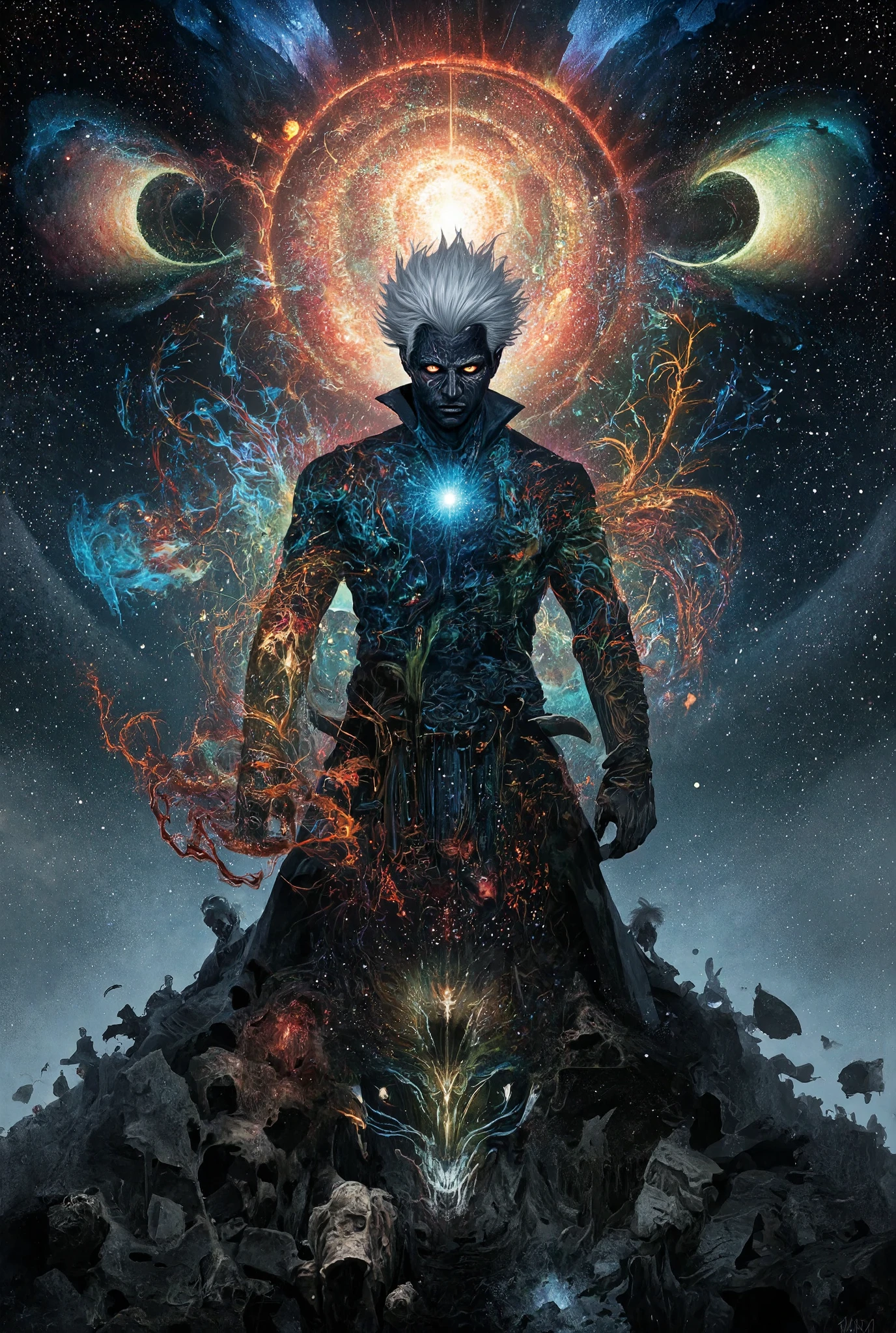 Inspired by the world of Michael Whelan, Keith Parkinson, the Gothic fantasy of Gerald Brom, and Dave Mckean. And Italo Calvino's invisible Cities. He is handsome, animated, mercurial, witty and a mad genius with the manners of an aristocrat. Age varying from 25 to 40 depending. A being of majesty and presence. Right now we see a brooding, aquiline faced white haired Demiurge with dark silver skin like polished labradorite, a dark silver with flashes of blue, green, yellow, and other colors manifest from inside this radiant being of focused, living, energy. Sorceror-king of an Infinite Empire, he is adorned in many different types of clothes depending on his moods and his fancy, but style matters. He wears darkly elegant suits with vivid ties and old style robes and fedoras and Renaissance coats, he wears stylish wonders and ancient kaftans and uniforms from 17,the century Austria. Hair is usually wild and short but somehow styled. Body is muscled, slender and wiry. He is attractive to everyone so he is Beautiful and seraphic like an Archangel, even when it's Lucifer. The Magister stands amidst a nexus of swirling galaxies. His eyes, twin supernovas, gaze knowingly upon the vast expanse of creation. With a gesture, orchestrates the celestial ballet, weaving nebulae into tapestries of cosmic wonder, all under his command. Inspired by the cosmic artistry of Android Jones, the futuristic visions of Ash Thorp, and the ethereal landscapes of Simon Stalenhag, rendered in 8k resolution with holographic astral cosmic illustration techniques, and a touch of Pablo Amaringo's visionary style.