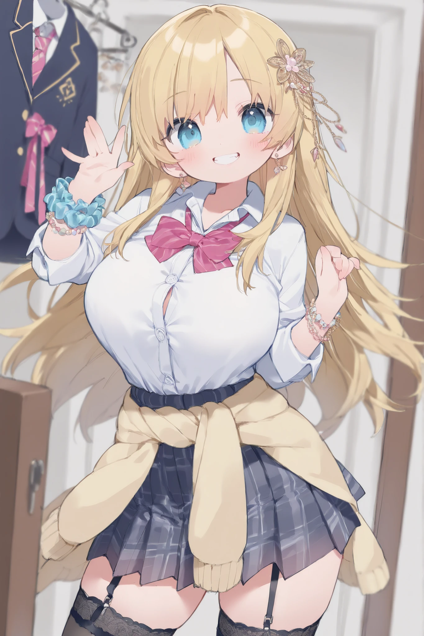  masterpiece , Highest Quality , Great Quality、depth of field、Large living and dining room、from above、dynamic angle、cowboy shot、one girl、standing、contrapposto、 cute pose with both hands 、affectionate smiles、Beautiful girl who is bright and cheerful、female student、An affectionate smile、Open His Mouth、teeth、Embarrassing、blonde long hair、big boobs、Glamorous gal fashion、Glittering Accessories and Hair Ornaments、Straps and Keychains、cute scrunchies and bracelets on the wrist、blazer uniform with loose buttons、very short plaid pleated miniskirt、Y shirt、wrap a cardigan around your waist、black thigh high stockings、garter belt、stockings up to the thigh、