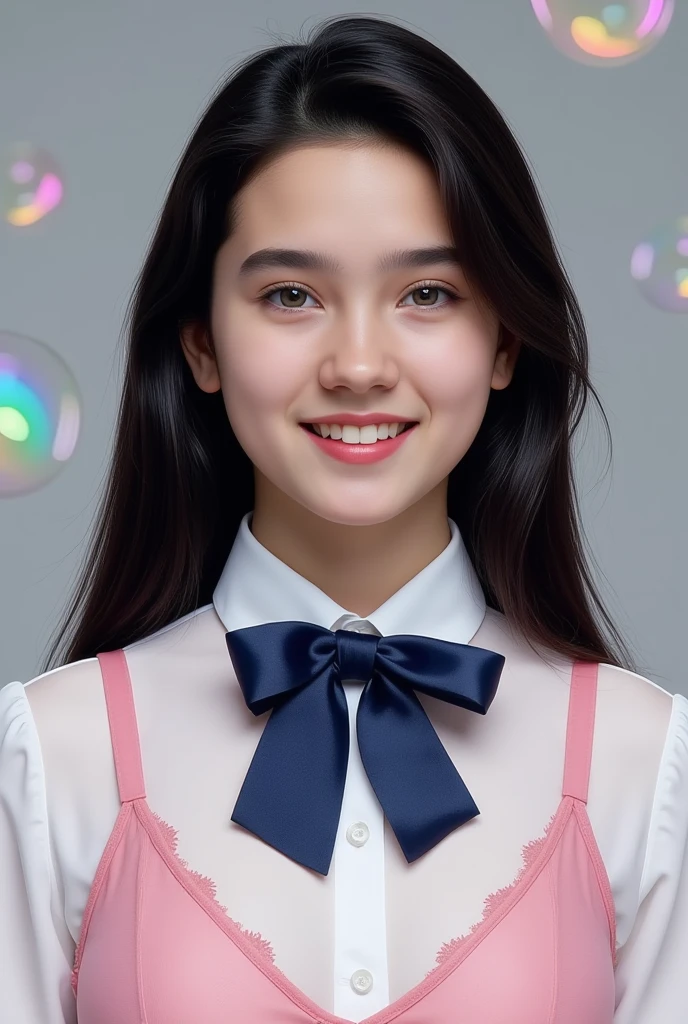 girl，single，Long hair，Looking at the audience，Bangs，blue eyes，Bow，Ribbon，Upper Body，White hair，Bow，bow tie，Lips，eyelash，蓝Bow，白Bow，Lace，curls，lifelike，Smiling