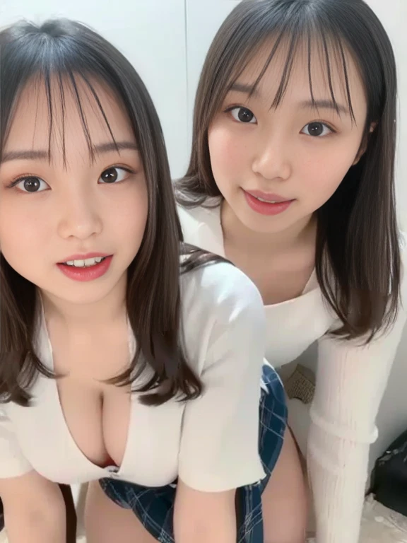 Two Girls , university student, No , , (Upper body close-up), naked,smile, Bedroom,