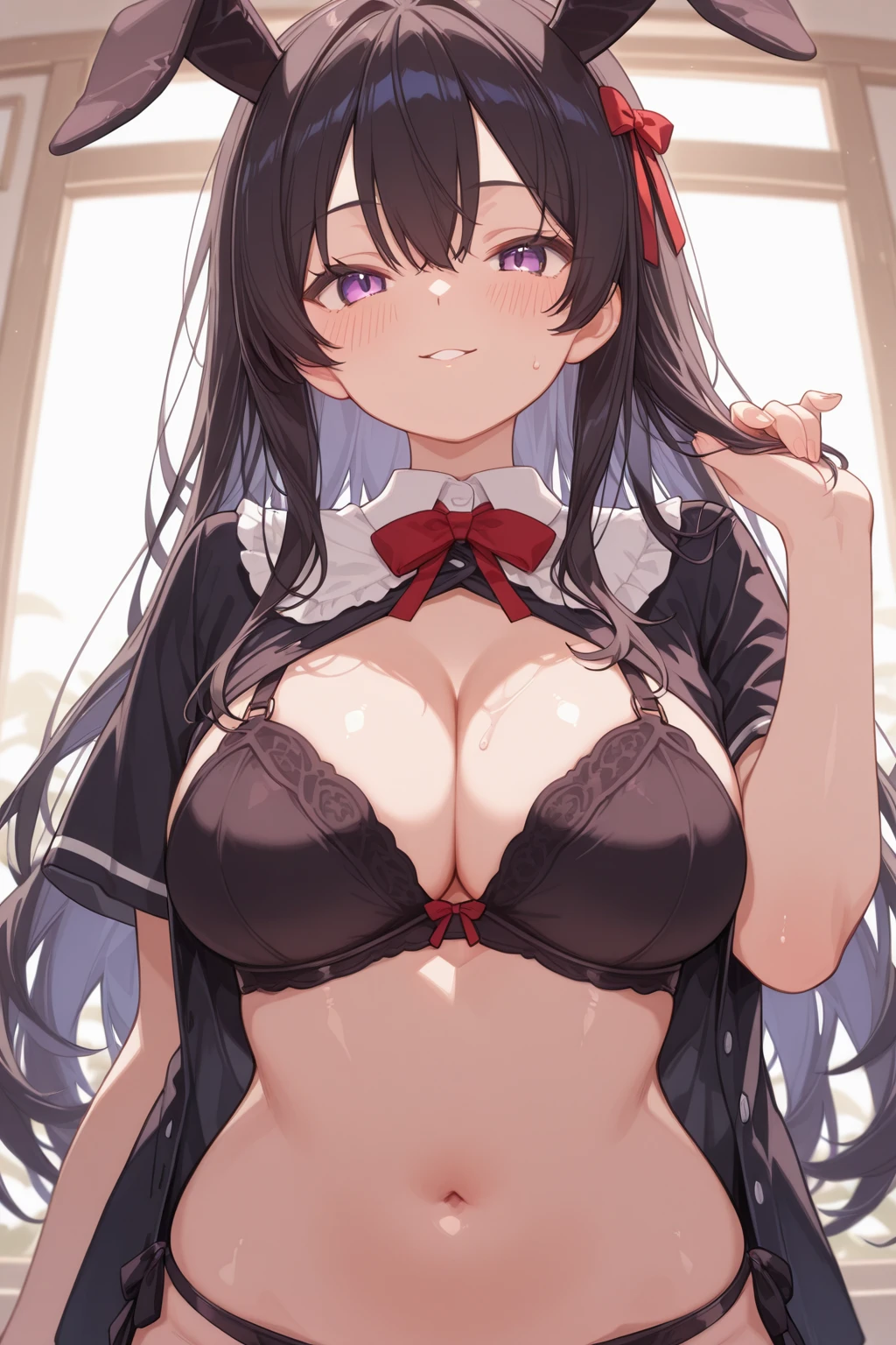 tsukino mito, Long Hair, Virtual YouTuber, Knee socks, Black Hair, Hair Clip, hair ornaments, white Knee socks, bangs, Braiding, very Long Hair, blue eyes,, Are standing, White ??????、Long ?????