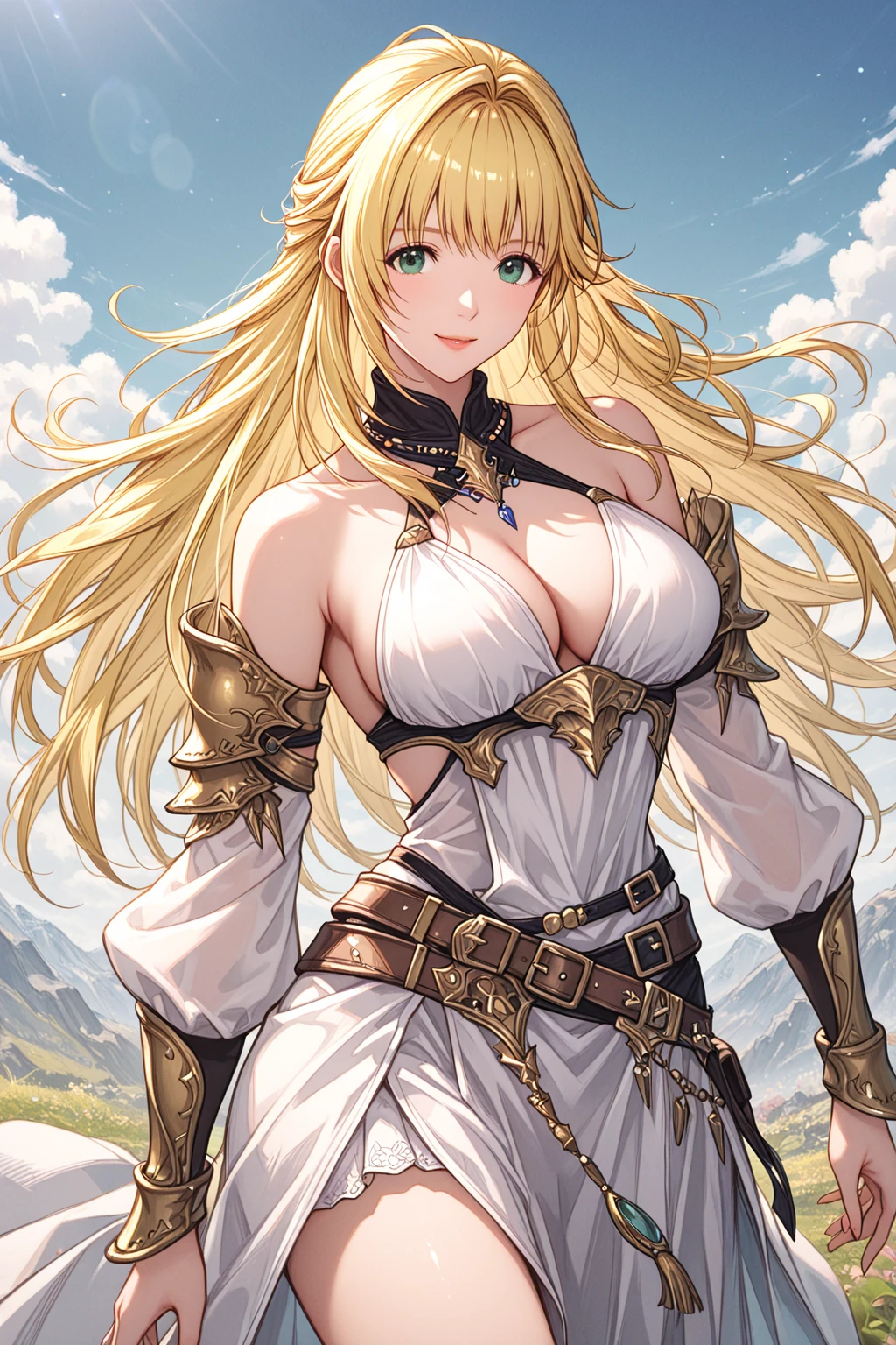 "(masterpiece:1.1), best quality, , 
1girl, (80s anime style:1.3), (eyelashes:1.5), (loli:1.2), 
(intricate high detailed body:1.2), 
(blonde hair:1.1), (forehead, parted bangs, hairclip:1.1), (short hair, wavy hair:1.1), (headband:1.2), 
brown eyes, (thick eyebrows:1.1), 
(perfect world gigantic, :1.5), 
(grin:1.2), open mouth, 
(high cut leotard armor:1.2), 
(spiked knight armor, armored boots:1.2), (accessories:1.1), collar, 
standing, crossed arms, 
(upper body, cowboy shot, looking at viewer, from front:1.1),
(daytime, grassland, outdoors:1.2)"