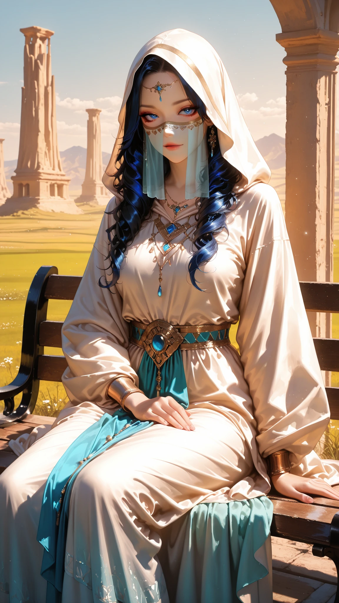 ultra high resolution, Artistic Portraits, (Beautiful woman:1.3), (ethnicity:1.2), (age:25:1.1), long dark curly hair, wearing a white hooded gown (detailed clothing:1.2), enigmatic animated young girl Bright blue eyes, hair fluttering in the wind, natural fair skin, mysterious and realistic,with her eyes visible, (intense gaze:1.3), sharp eyeliner, mask covering her lower face veil. (delicate jewelry:1.1), sitting on a wooden bench, looking at the viewer (facial features:1.3), serene expression (expression:1.2), (slender body:1.1), (posed with one hand resting on the other:1.2), background of an elaborate arched structure with blue and white accents, overlooking a green landscape, sunlight creating sparkles on the gown, soft lighting, warm color palette, digital art, photorealistic, artstation, (detailed skin texture:1.3), digital art, photorealistic, sharp focus, artstation, 8k resolution, (intricate mask details:1.3), shot with a medium focal length.