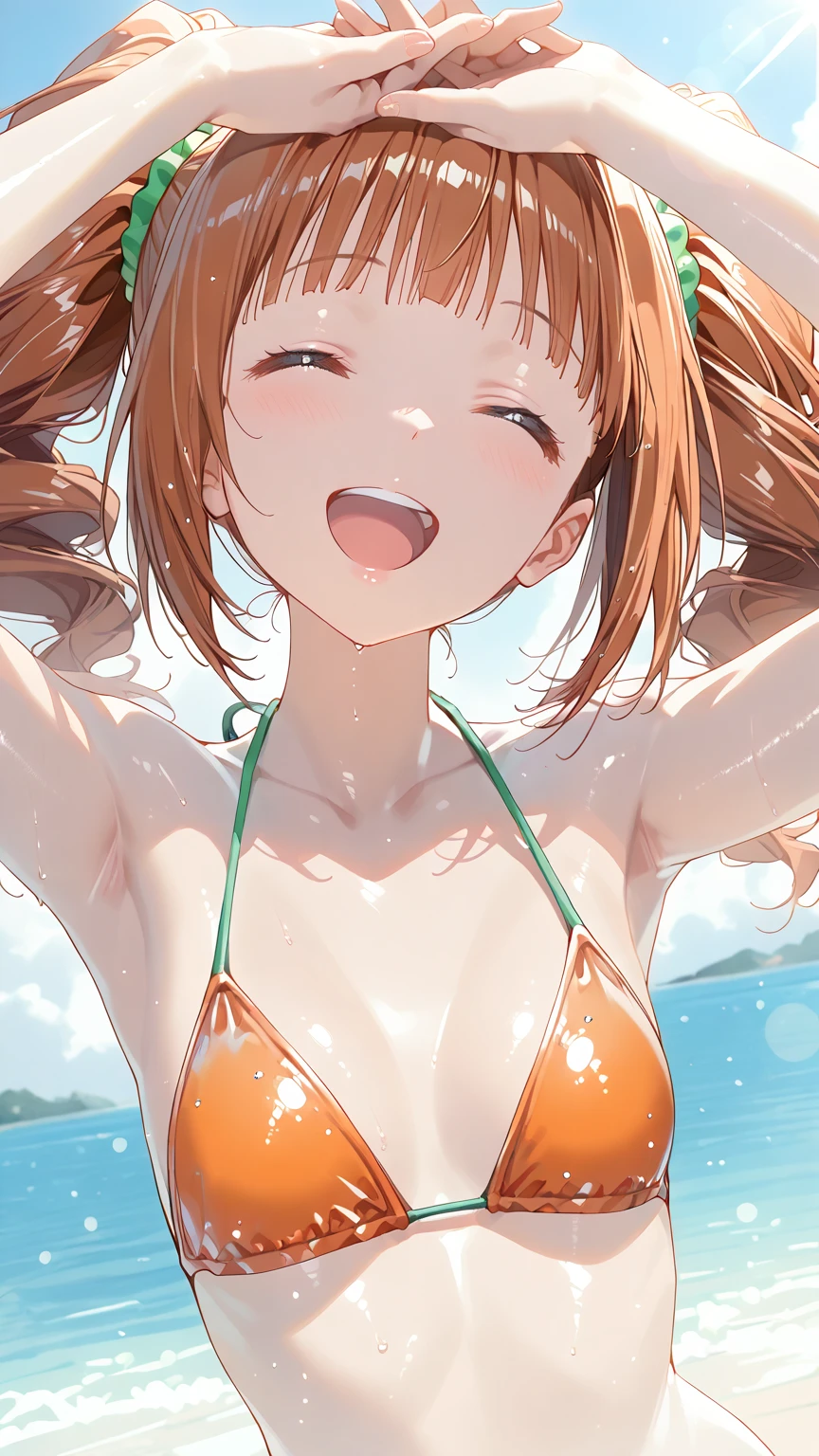 score_9, score_8_up, score_7_up, source_anime, cowboy shot, looking at viewer, smile, open mouth, one eye closed, yyghm, short hair, single hair bun, bikini, partially submerged, outdoors, ocean, splashing, waves, <lora:Hoseki_Oregairu_YuiYuigahama_PDXL_v1:1>