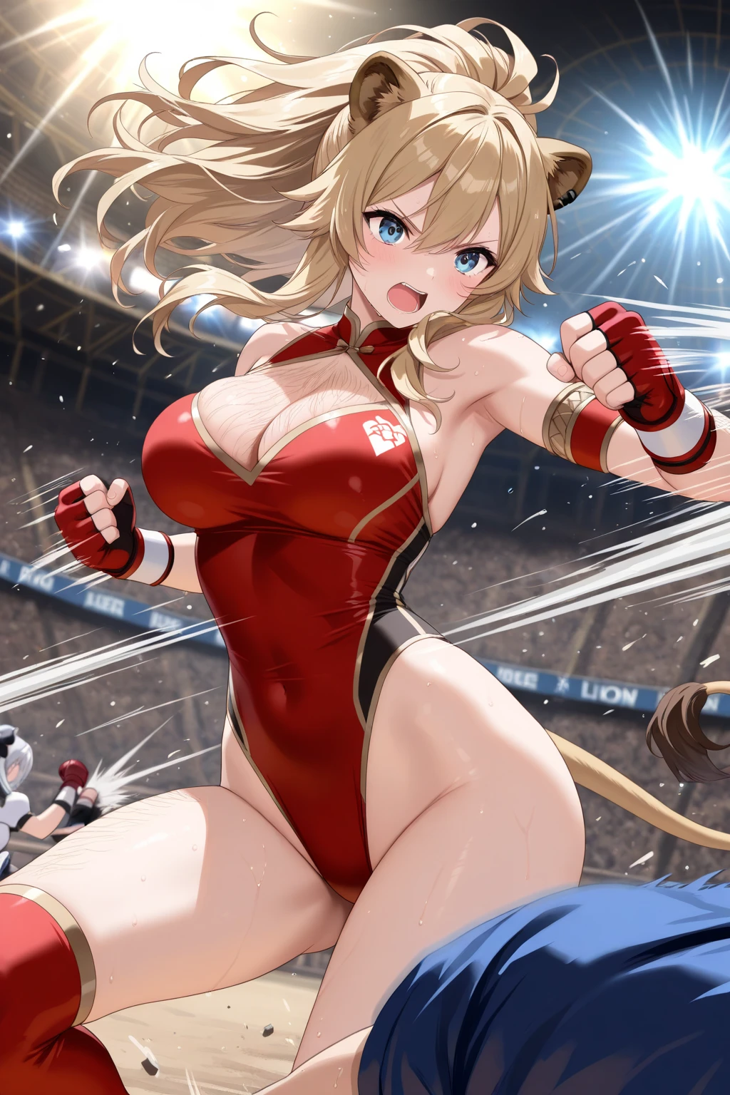 (absurdres, best high quality image, carefuly detailed features and textures, very detailed image) female wrestling, solo character, full body, multiple views.
Elf queen 1.000 years old mature adult milf, beautiful face,  feminine and  features, beautiful light blue eyes, voluptuous body, , huge , beautiful legs, golden long hair, golden eyebrows, (white one-piece wrestler leotard, white knee pads, white middle finger sleeves and white gloves, white elbow pads, cleavage).
Fighting pose, seductive smile, seductive face
Training gym wrestling ring.