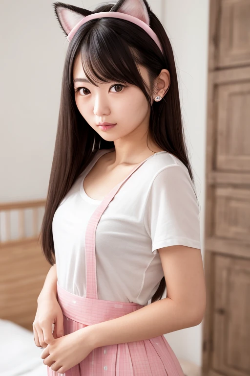 Japanese,6 years old,Baby Face、Ultra-flat chest、Ultra short height、An innocent smile、Flat Chestのクローズアップ、Flat Chest:1.85、cute,Primary school students,Pink Apron、Summer clothes、So small and so young、On the bed:1.85、She gives me good morning kisses:1.85、She spread her arms