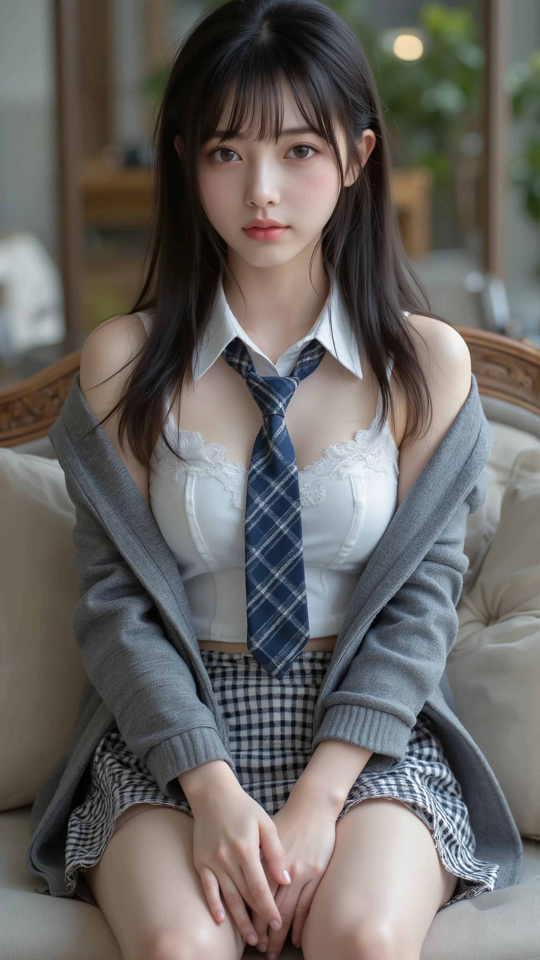 nsfw,  Korean idol, Nogizaka idol,Actress, gravure idol,  (8k,  Original photo,  Highest Quality,  masterpiece:1.2),  masterpiece,  Highest Quality, shape,  very detailed, Fine Details,  high resolution, 8k, Wallpaper,  perfect dynamic configuration,(High Quality with Attention to Details ,   realistic eye depiction:1.3), (( sit down, high school students)),   background is a luxury hotel room 、 Girls' High School Uniform、 blazer after face 、 super short checked uniform skirt 、  Navy Blue Knee High Socks、 garter belt,  long hair,  dark haired, big boobs,  dark eyes, Big Natural Colored Lips,  Bold Sexy Poses, (Perfect shape),  crying a little、Gentle Gaze,  beautiful makeup,The cutest 18 year old,  Beautiful legs,  gravure idol風ポーズ,  thighs, Full Body 