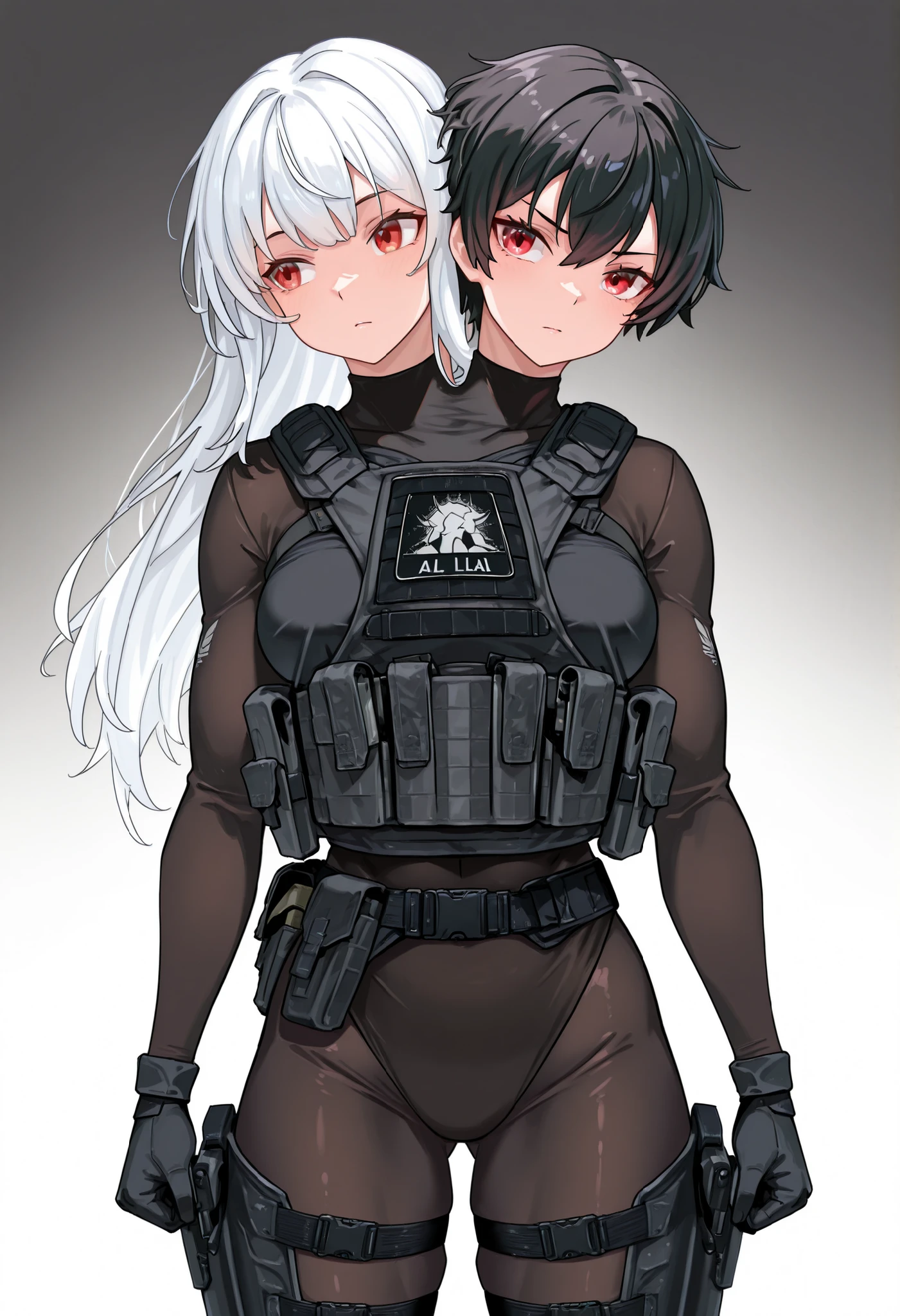 conjoined, 2girls, 2heads, two heads, a tall thin girls with 2 heads, black hair, white hair, short hair, long hair, red eyes, tomboy, bulletproof vest, black bodysuit, black pantyhose, loose black gaiters, black gloves, tactical gear, front shots, upper body, medium breasts,