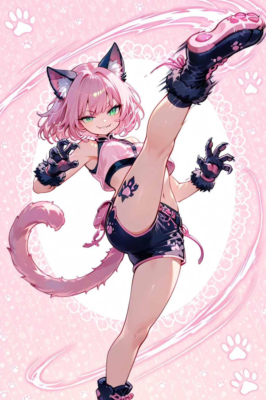 ((top quality, 8k wallpaper)),(masterpiece, best quality),extremely detailed,high definition,(official art:1.3),(((anime screencap,black outline))),<lora:more_details:0.3>,<lora:LCM_LoRA_Weights_SD15:1>,1girl,solo,blush,half-closed eyes,steaming body,heavy breathing,sick,
<lora:momomiya_ichigo_v2:0.75>, blush,bow,cat girl,cat tail,choker,cleavage,detached sleeves,dress,gloves,large breasts,magical girl,mi1,pink choker,pink dress,puffy detached sleeves,puffy sleeves,red gloves,ribbon,tail,tail bell,tail bow,tail ornament,short hair,pink hair,
BREAK
<lora:180:0.4>,(((flexible,exercise,stretching on wooden floor,spread legs,outstretched legs,arched back,from side))),indoors,outstretched arms,