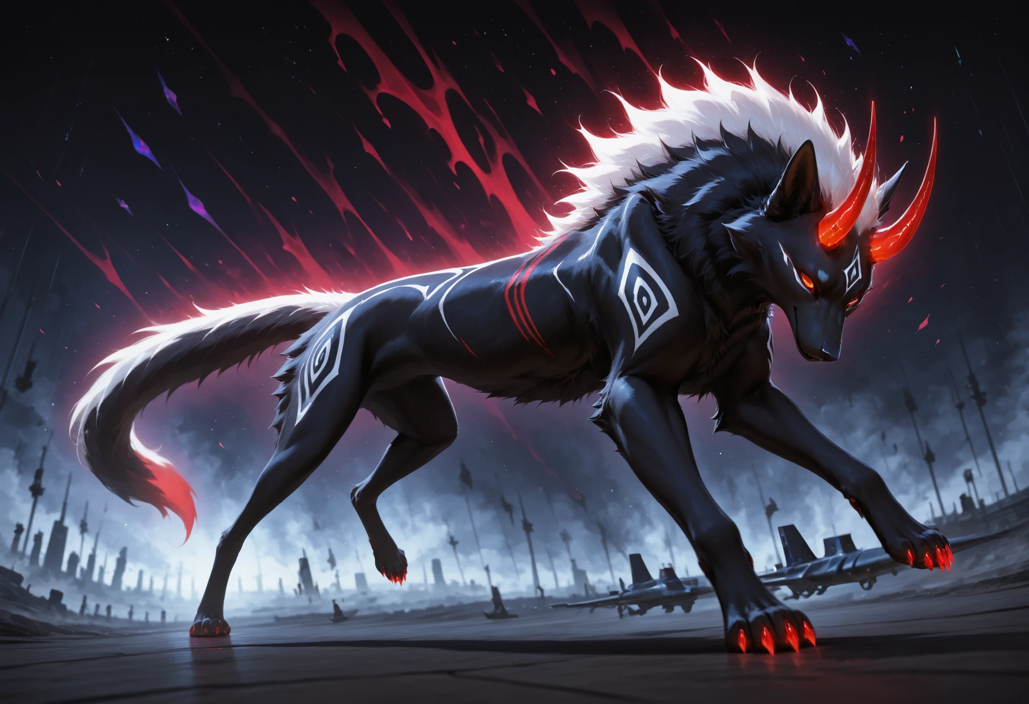sharrax, ((((feral)))), ((female)), sfw, straight glowing horns,red glowing claws, pitch black body fur, luminous white mane, luminous white-black tail,abstract painting, jet black background , 8K resolution, High detail, Realistic fur texture, Depth of field for emphasis, Atmospheric fog or mist for mystical effect, side view