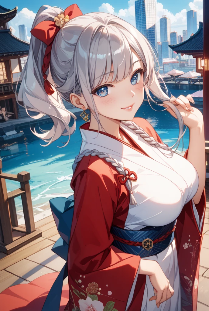 ((One personの女性)), Beautiful Face,embarrassed, ((Wink:1.9)),Laugh with your mouth wide open,Waving to the audience, ((Bright red cheeks:1.4)),Glossy red lips,night,rooftop,Festive decorations,You can see the ocean, firework,Lighting on the face,((Anime style background)),masterpiece, Highest quality, so beautiful,Latest, Complex details, (long nails of pink color),(ring),(bracelet),(choker),AI-generated, Complex,High resolution, Highest quality, super high quality,3D Images、looking outside、3D Images,One person,Long white hair,High Ponytail,(blue eyes),Anime woman posing for a photo, ((Fine grain、Silvery white colorful eyes、Shining Eyes:1.4)),(Squint your eyes:1.1),a hyperRealistic , hyperRealistic , Realistic,Anime woman with long and white hair, Smooth anime CG art, A woman in a colorful kimono with gold embroidery, (Black long sleeve kimono),Red floral pattern,Long flower hair ornament,Big earrings,Mature Body,(Big Breasts:1.1),Tall,Abdominal muscles,Narrow waist,(Zoom in on face:1.8),Photographed from the front