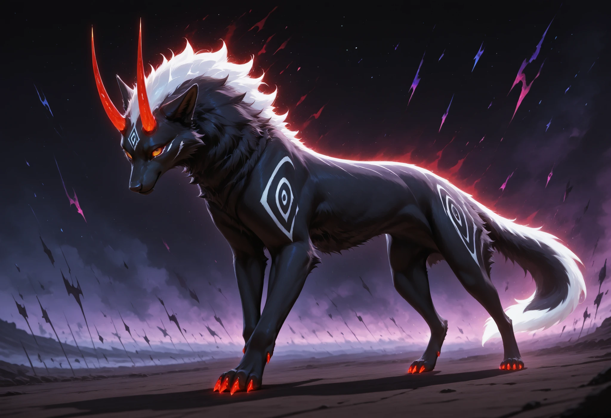 sharrax, ((((feral)))), ((female)), sfw, quadruple, straight glowing horns,red glowing claws, pitch black body fur, luminous white mane, luminous white-black tail,abstract painting, jet black background , 8K resolution, High detail, Realistic fur texture, Depth of field for emphasis, Atmospheric fog or mist for mystical effect, side view