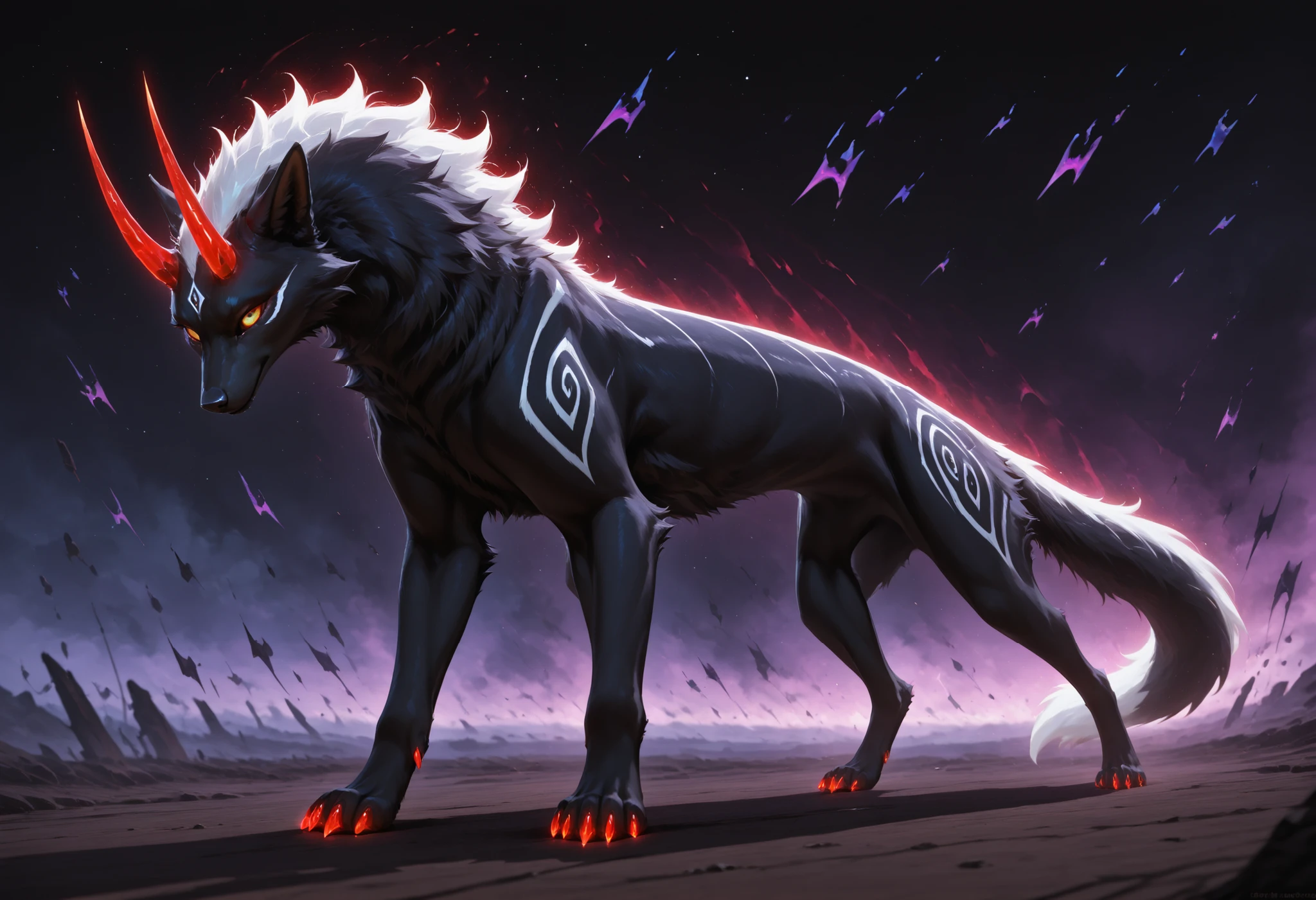 sharrax, ((((feral)))), ((female)), sfw, quadruple, straight glowing horns,red glowing claws, pitch black body fur, luminous white mane, luminous white-black tail,abstract painting, jet black background , 8K resolution, High detail, Realistic fur texture, Depth of field for emphasis, Atmospheric fog or mist for mystical effect, side view