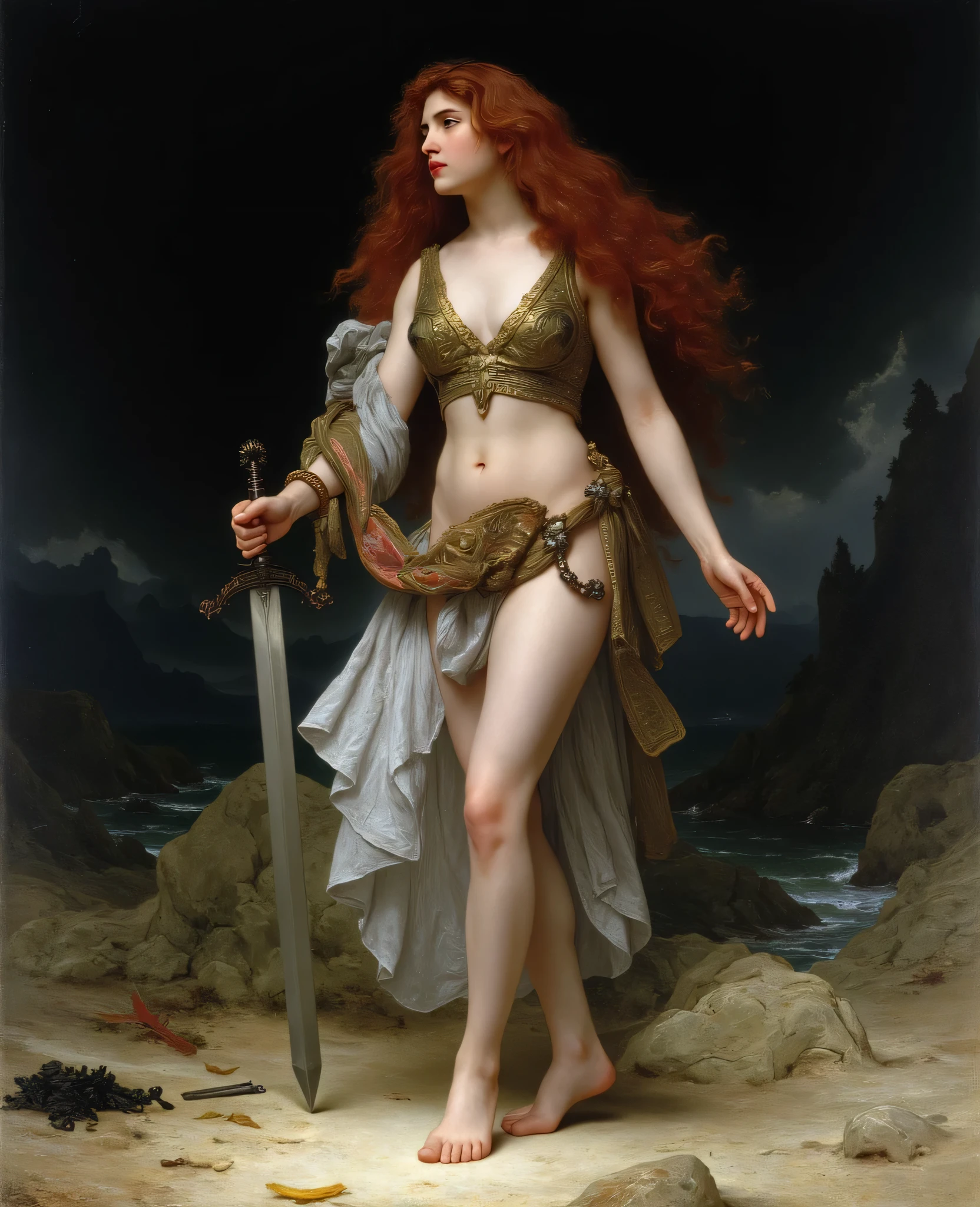 Painting by Salvador Dali and William Adolphe Bouguereau, accented with digital illustration, depicts a warrior with long red hair. She stands barefoot in the center of the image, holding a large sword in her right hand. The warrior wears a long, flowing garment with intricate details and armor, and several golden anklets. She has a fierce expression on her face, and her hair flutters in the wind. The background is dark and stormy, with rocks and debris scattered around her.