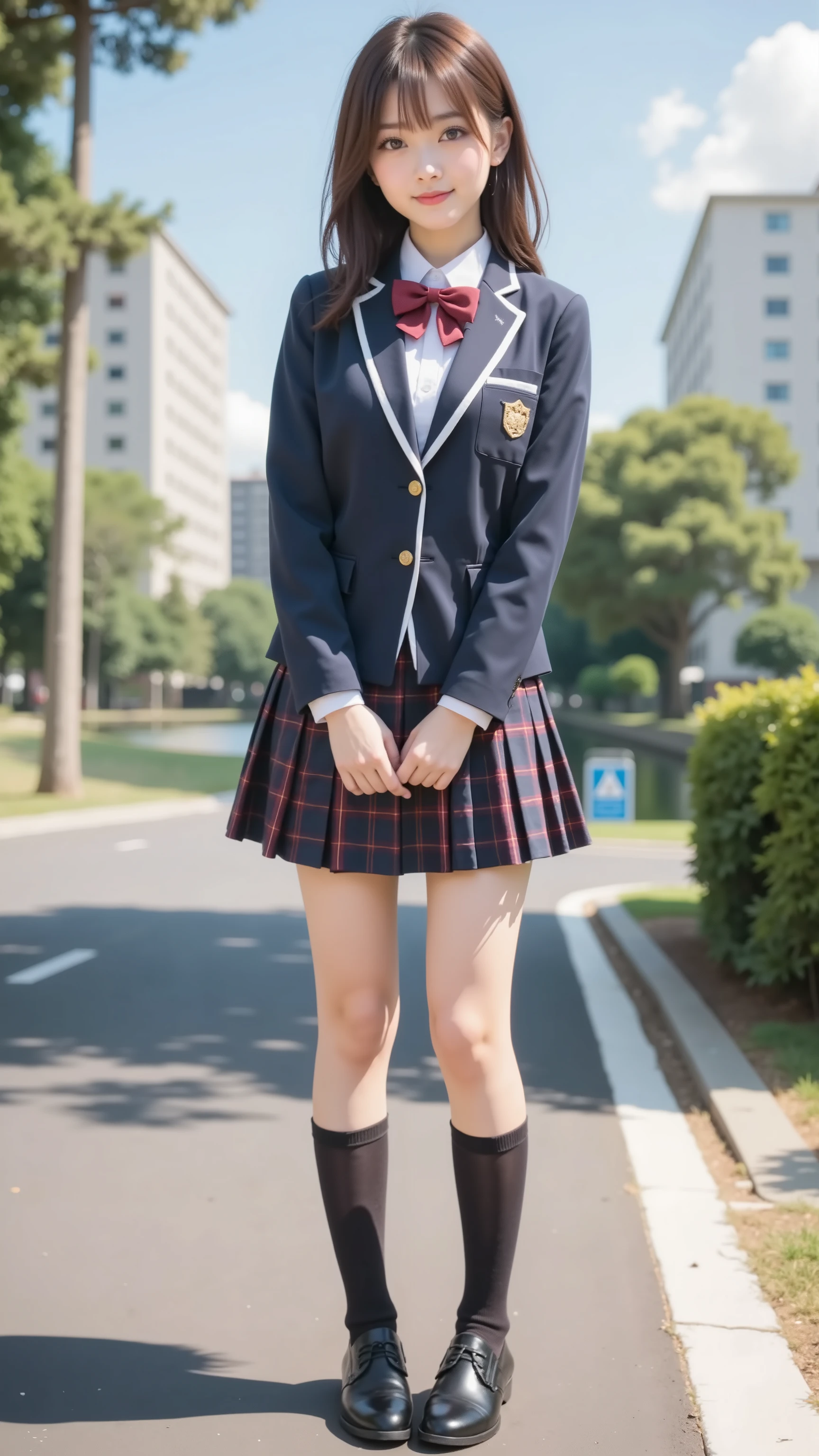 a woman in uniform is posing, a hyperREAL HIGH SCHOOL GIRL, Japanese school uniform, wearing Japanese school uniform, Japanese High School Girl Uniform, beautiful high school girl, hyperREAL HIGH SCHOOL GIRL, REAL HIGH SCHOOL GIRL, runs barefoot on lake, A high school girl in real life, cute high school girl, High School Girl posing, wearing a school uniform, Slender Body Line, thin thighs, Beautiful legs, Accurate Shadows, detailed background, Highest Quality, Highest Image Quality, masterpiece, super real:1.3, Ultra High Definition