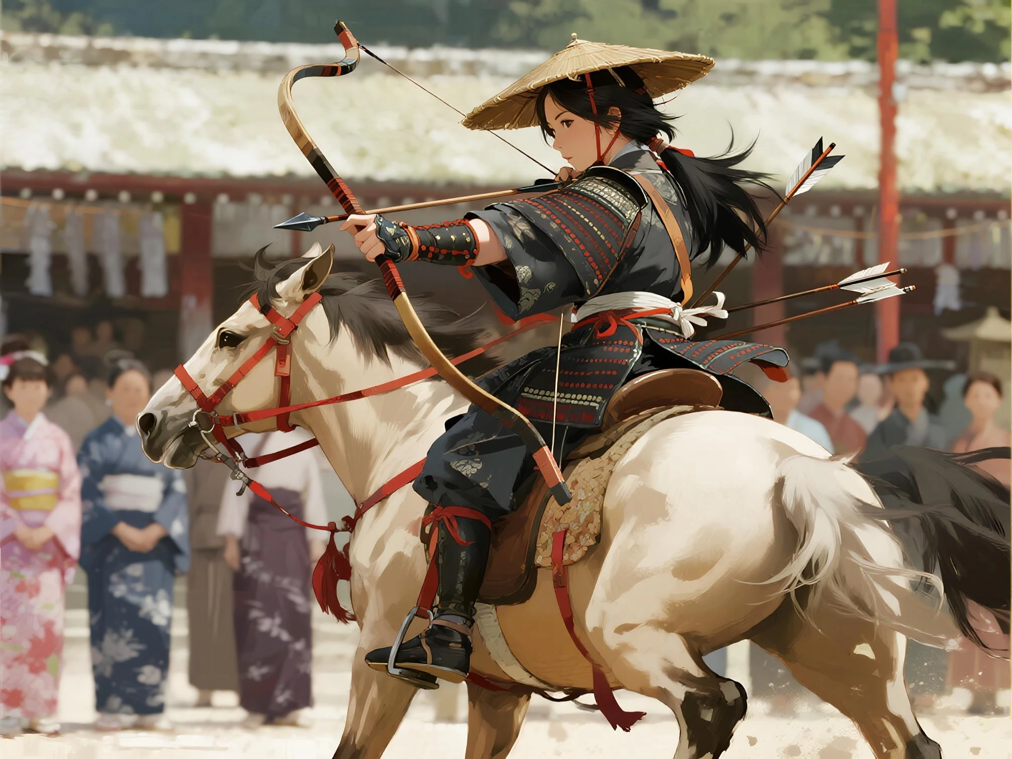 1lady solo, straddling horse, (pulling bowstring to its limits) (holding simple black bow), (black kimono) (blue hakama), chest protector, (mature female:0.8), /(black hair/) bangs, (light smile:0.4), dignified, facing away, (masterpiece best quality:1.2) delicate illustration ultra-detailed, medium breasts BREAK (galloping horse), (realistic horse) BREAK (sacred shrine) outdoors, meadow, Japan, noon, detailed background