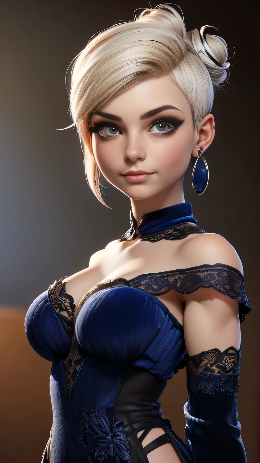 RAW digital art, ultra-realistic 3D render of a stunning woman resembling Meowko, Close-Up portrait, ((young woman)), ((highly detailed face:1.3)), ((perfect proportioned body, Strong, muscular, narrow waist, narrow hips, skinny, thin, perfect female figure, runners body, athletic:1.3)), ((seductive gaze)), ((flawless skin texture, long eyelashes, expressive eyes with subtle reflections), ((perfect breasts, large double D breasts:1.4)), ((messy yet detailed hair strands, short messy buzz cut, platinum blonde: 1.55)), soft shadows and cinematic studio lighting, Pixar-inspired style blending vibrant colors with realistic details, ((wearing a elegant midnight blue velvet gown, off-the-shoulder design, corseted waist, sapphire earrings, hair swept back in bun: 1.35)), high-profile film festival premiere in Cannes with flashing cameras, One leg bent slightly at the knee, fingertips grazing her thigh, serene expression, background softly blurred with warm tones, (8K resolution, intricate textures, sharp focus)