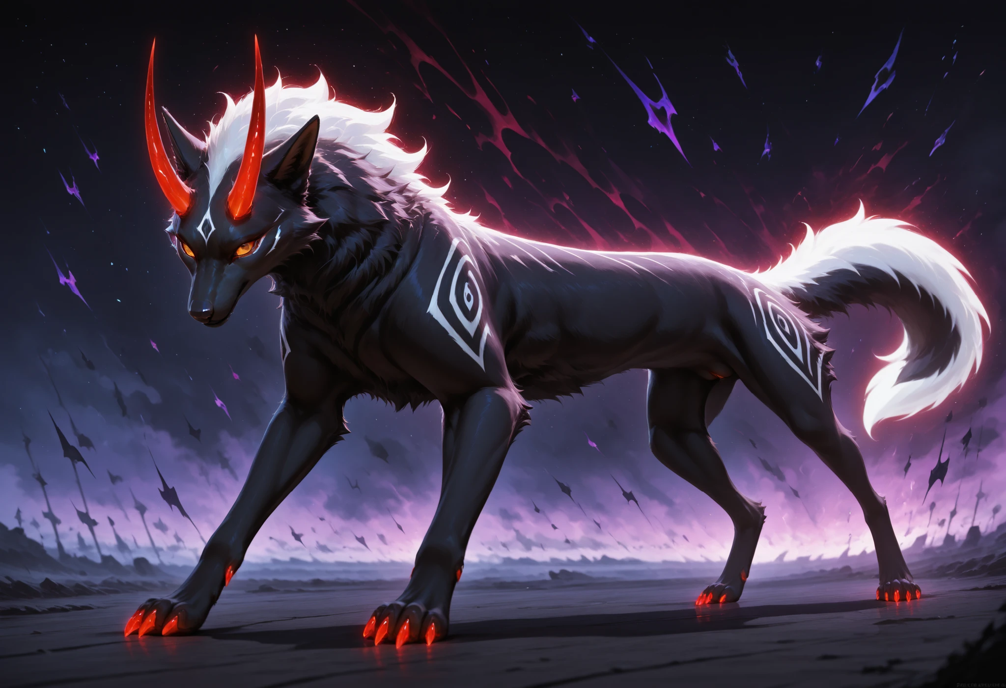 sharrax, ((((feral)))), ((female)), sfw, quadruple, straight glowing horns,red glowing claws, pitch black body fur, luminous white mane, luminous white-black tail,abstract painting, jet black background , 8K resolution, High detail, Realistic fur texture, Depth of field for emphasis, Atmospheric fog or mist for mystical effect, lies on side, legs spread, pussy, pussy focus