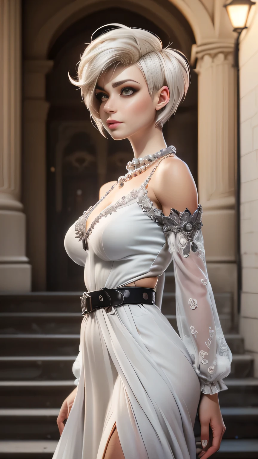 RAW digital art, ultra-realistic 3D render of a stunning woman resembling Meowko, Close-Up portrait, ((young woman)), ((highly detailed face:1.3)), ((perfect proportioned body, Strong, muscular, narrow waist, narrow hips, skinny, thin, perfect female figure, runners body, athletic:1.3)), ((seductive gaze)), ((flawless skin texture, long eyelashes, expressive eyes with subtle reflections), ((perfect breasts, large double D breasts:1.4)), ((messy yet detailed hair strands, short messy buzz cut, platinum blonde: 1.55)), soft shadows and cinematic studio lighting, Pixar-inspired style blending vibrant colors with realistic details, ((wearing a ethereal white chiffon gown, sheer embroidered sleeves, silver waist belt, delicate pearl jewelry, flowing hair: 1.35)), outdoor red carpet on marble steps of an opera house under spotlights, One leg bent slightly at the knee, fingertips grazing her thigh, serene expression, background softly blurred with warm tones, (8K resolution, intricate textures, sharp focus)