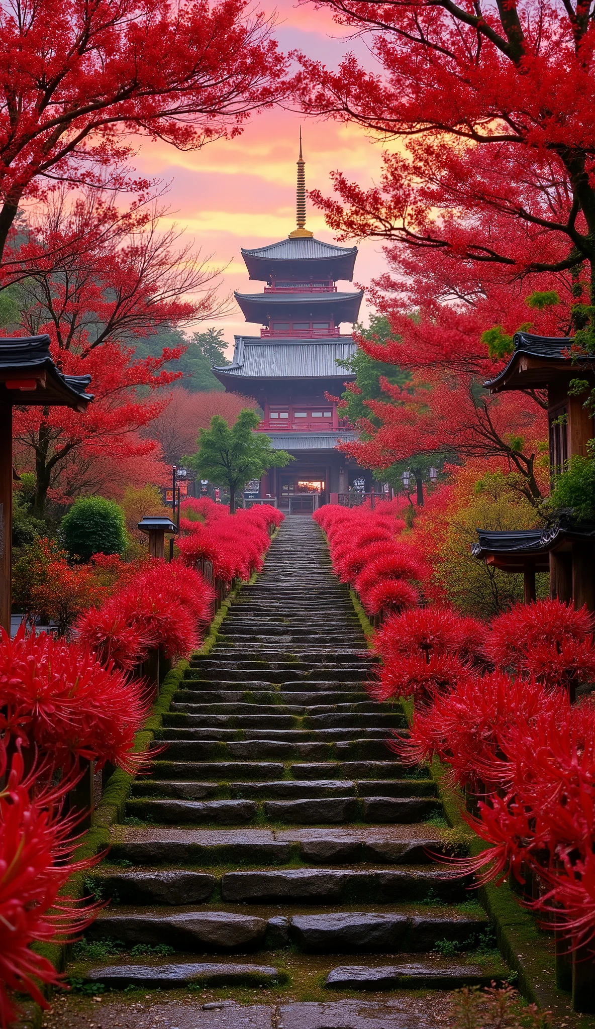 (古いwhen climbing the mossy stone steps, 、a vermilion Japanese five-story pagoda appears:1.5),(Japanese-style temples and stone lanterns:1.5),(when climbing the mossy stone steps, 、A majestic five-story pagoda appears:1.5), (A beautiful world dyed in the sunset:1.5),A mysterious world),fantastic atmosphere,A fox fire is lit in front of the shrine,(The stone lanterns are all lit:1.5),(The bright red flower stone lantern:1.5),(Full bloom in full bloom:1.5),(A beautiful world dyed in the sunset:1.5),(The bright red flower stone lantern:1.5),(Red spider lilies secretly blooming around Njushage:1.5),  lots of red bunnies blooming secretly around the stone lanterns  ,A lot of mandarin shagges blooming secretly around the stone lanterns,countless spider lilies are blooming,(people:1.5),(As I climbed the mossy stone steps, :1.5),