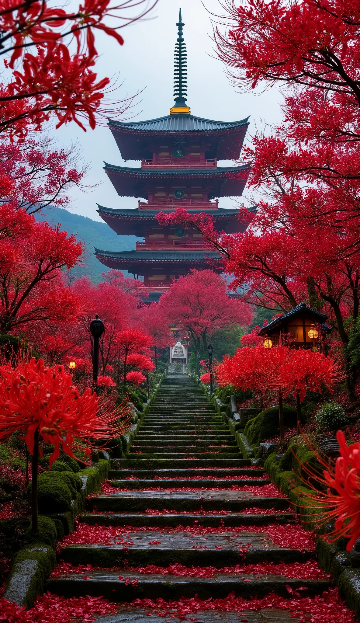 (古いwhen climbing the mossy stone steps, 、a vermilion Japanese five-story pagoda appears:1.5),(Japanese-style temples and stone lanterns:1.5),(when climbing the mossy stone steps, 、A majestic five-story pagoda appears:1.5), (A beautiful world dyed in the sunset:1.5),A mysterious world),fantastic atmosphere,A fox fire is lit in front of the shrine,(The stone lanterns are all lit:1.5),(The bright red flower stone lantern:1.5),(Full bloom in full bloom:1.5),(A beautiful world dyed in the sunset:1.5),(The bright red flower stone lantern:1.5),(Red spider lilies secretly blooming around Njushage:1.5), lots of red bunnies blooming secretly around the stone lanterns ,A lot of mandarin shagges blooming secretly around the stone lanterns,countless spider lilies are blooming,(people:1.5),(As I climbed the mossy stone steps, :1.5),
